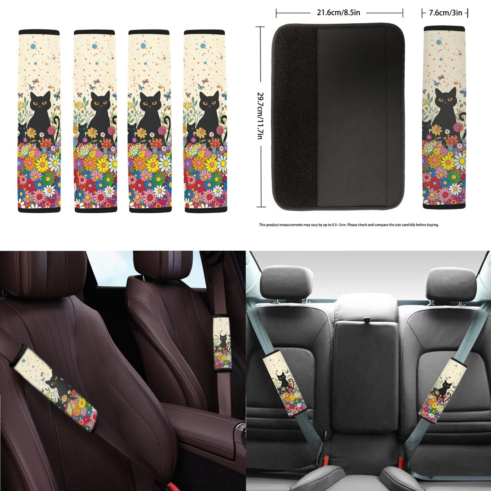 Set completo di coprisedili per auto, 18 pezzi, con stampa di margherite e gatti, include coprisedili per auto, poggiatesta, coprivolante, cintura di sicurezza, cuscinetto per console