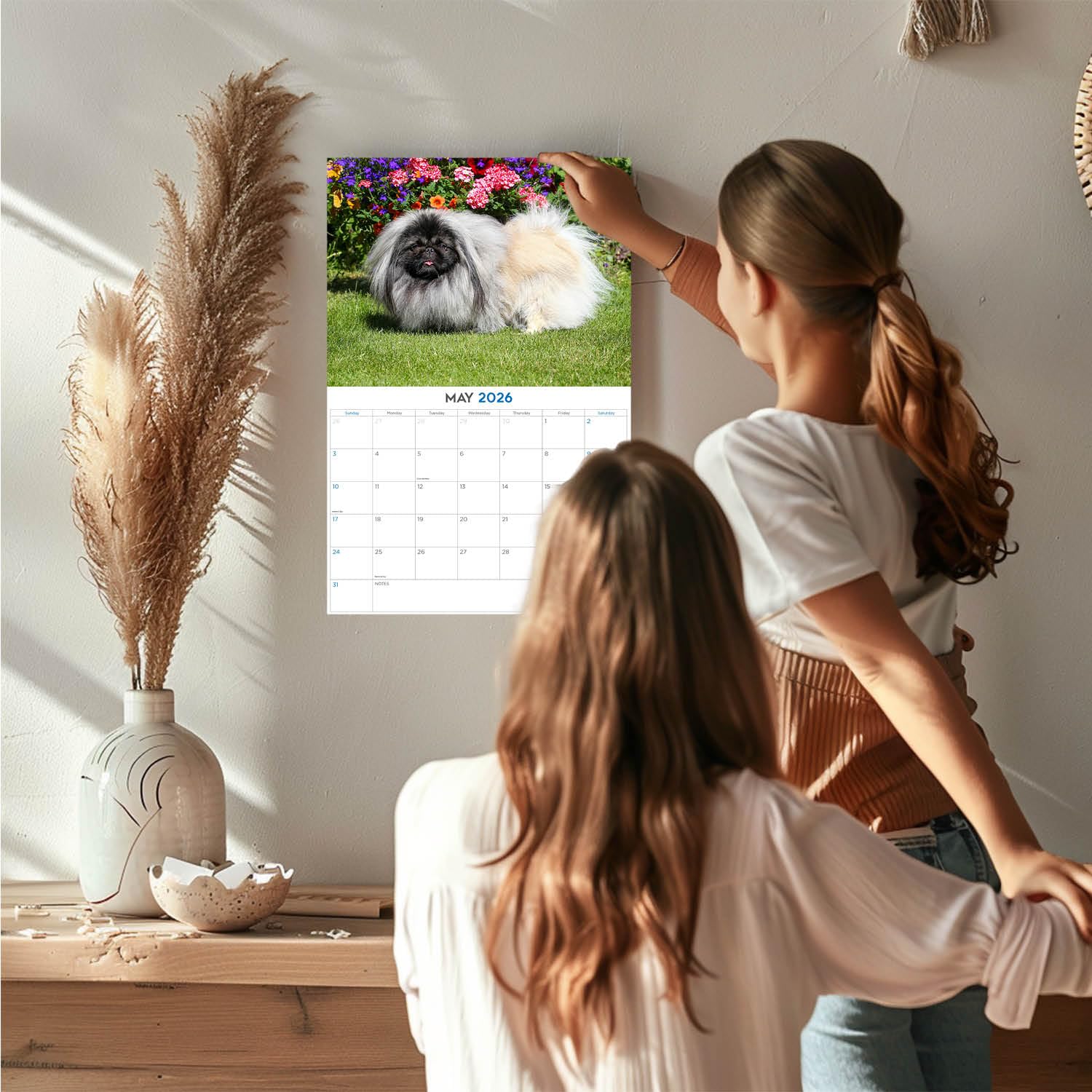 Calendario pequinés 2024 2025 – Calendario mensual de pared de raza de perro – 12 x 18 pulgadas abierto – Papel grueso que no se corre – Regalo – Calendario académico para profesores organizando y