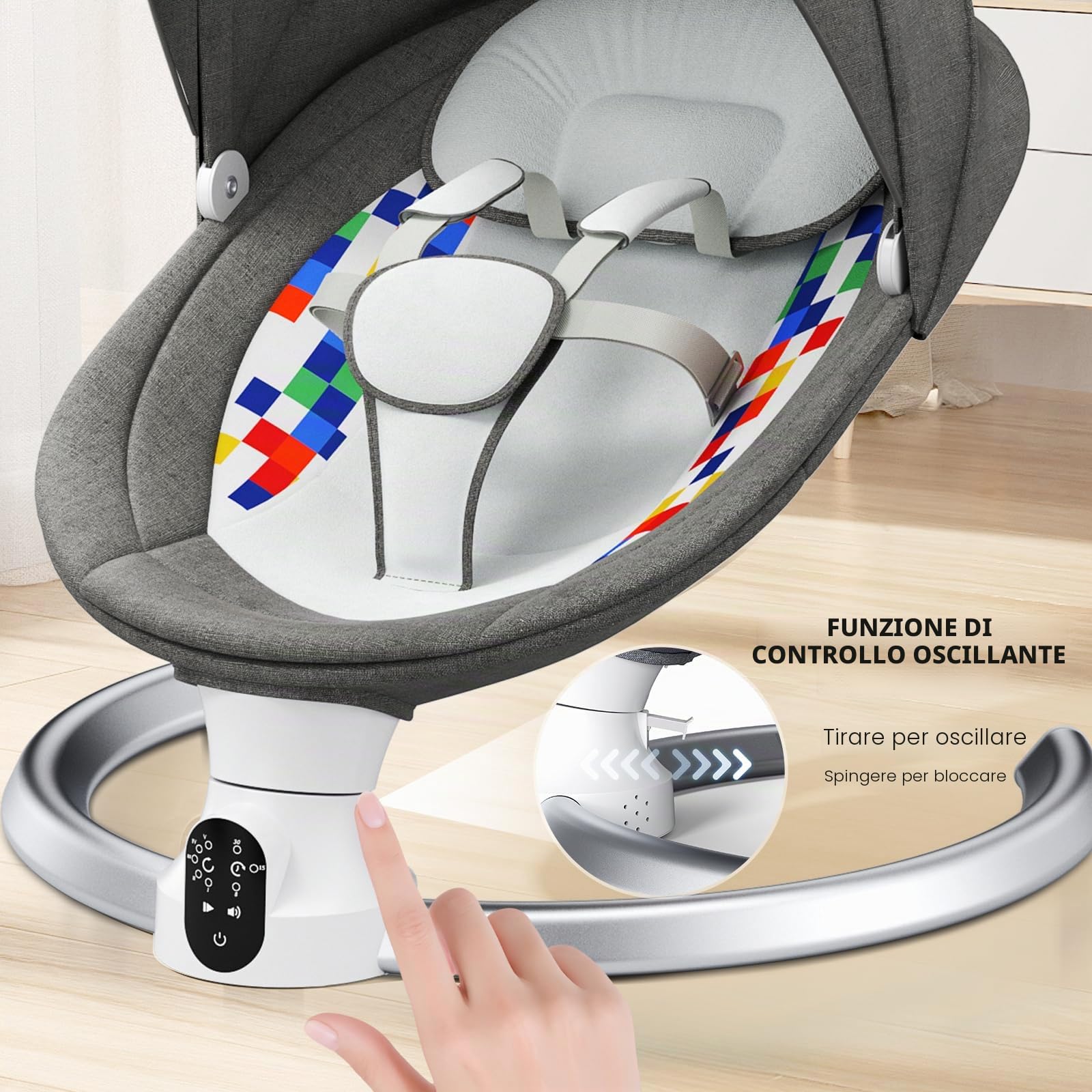 Operazione APP Sdraietta Neonati,Imbracatura a 5-Punti Migliorata Altalena Neonato Elettrica con 3 Timer,5 Velocità di Altalena,10 Musiche, Sdraietta Neonati Bluetooth Imbottita Morbida 0-9kg