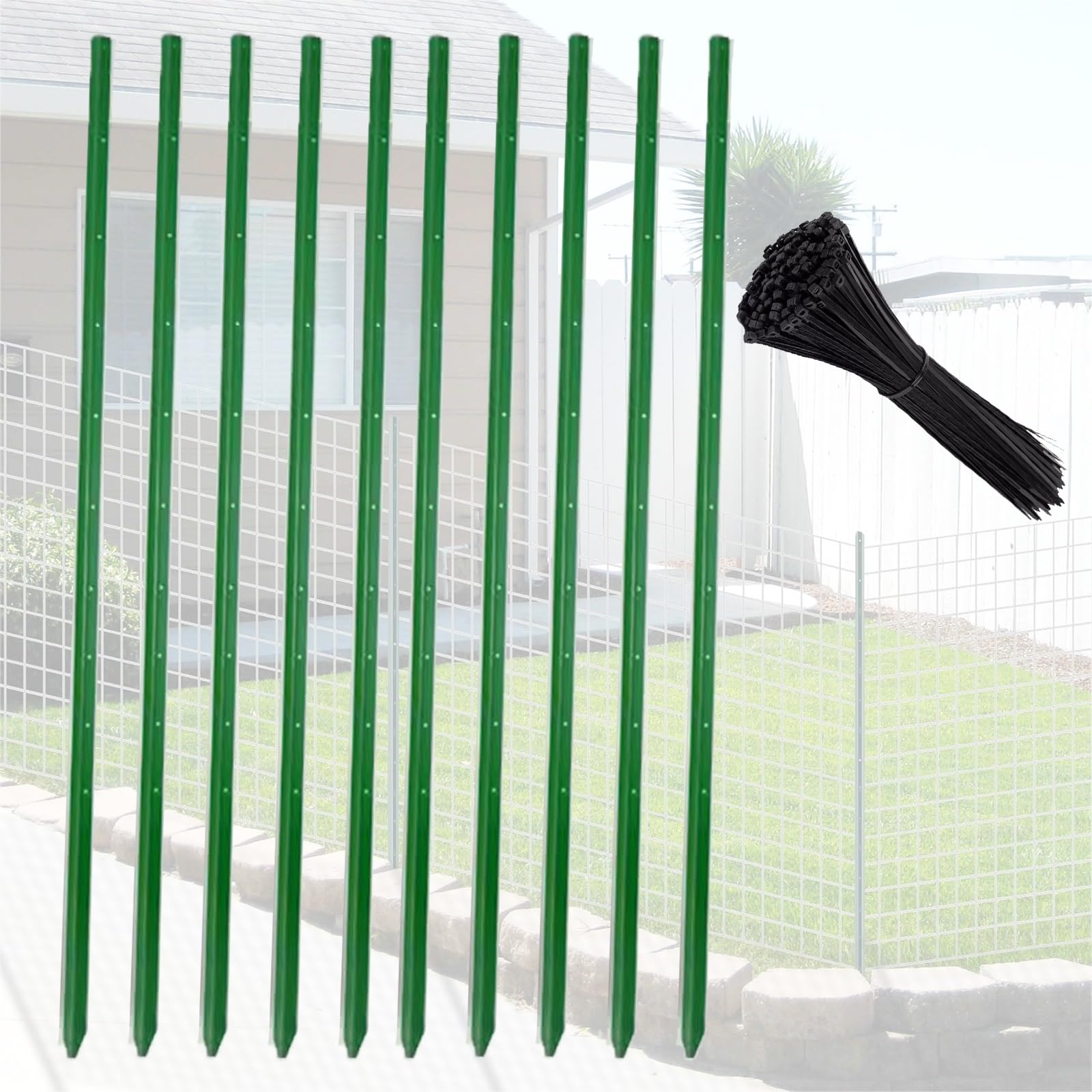 Pali per recinzione in metallo resistenti per giardino, fondo appuntito senza scavo, fascette incluse, pilastri verdi in acciaio, confezione da 10, supporto alto 1,5 m per recinzioni in filo metallico