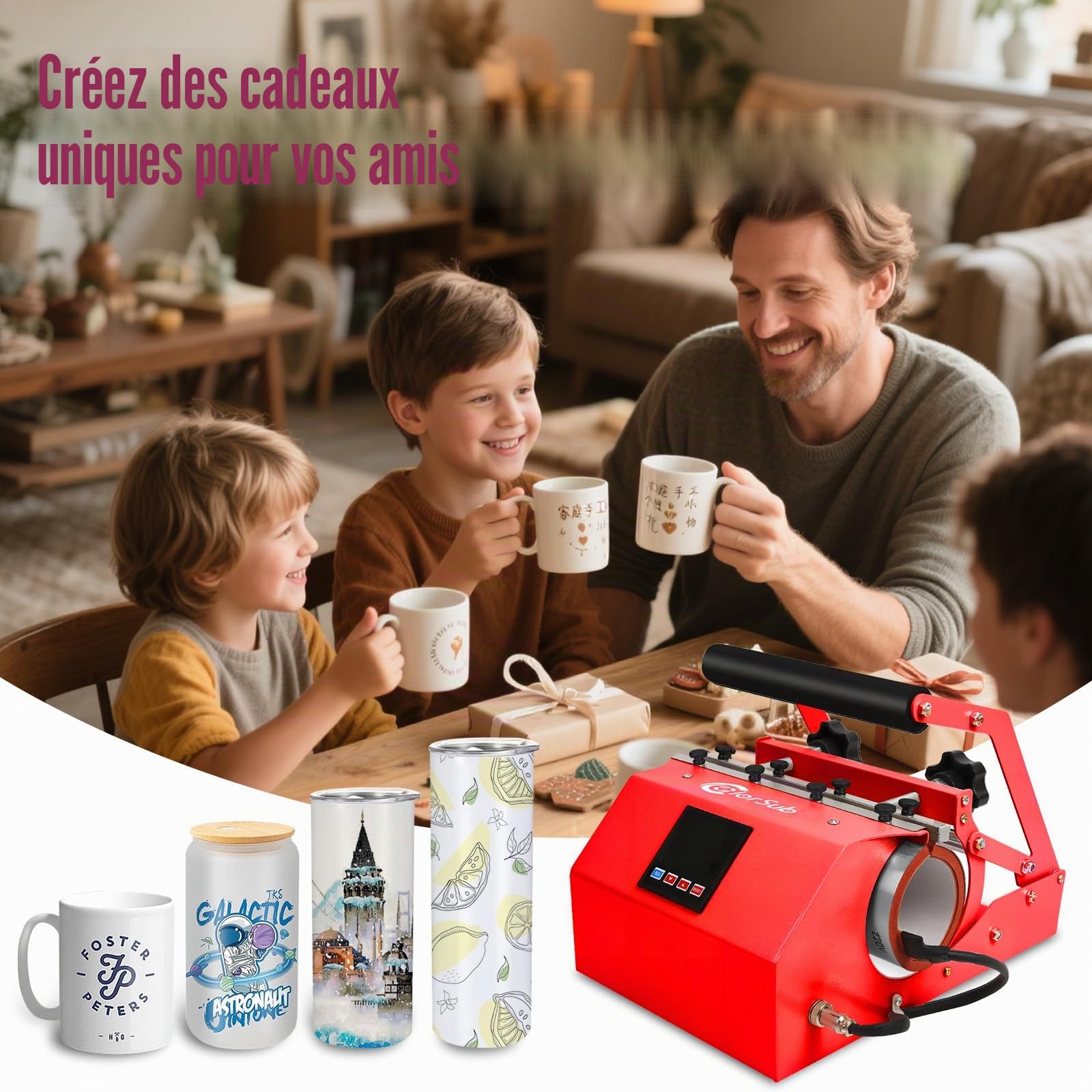 ColorSub Presse à Chaud Machine, Presse à Tumbler Professionnelle 11-30oz de Sublimation Machine d'Impression, Presse à Chaleur Transfert Thermique pour Mugs Tasses Gobelets（Rouge）