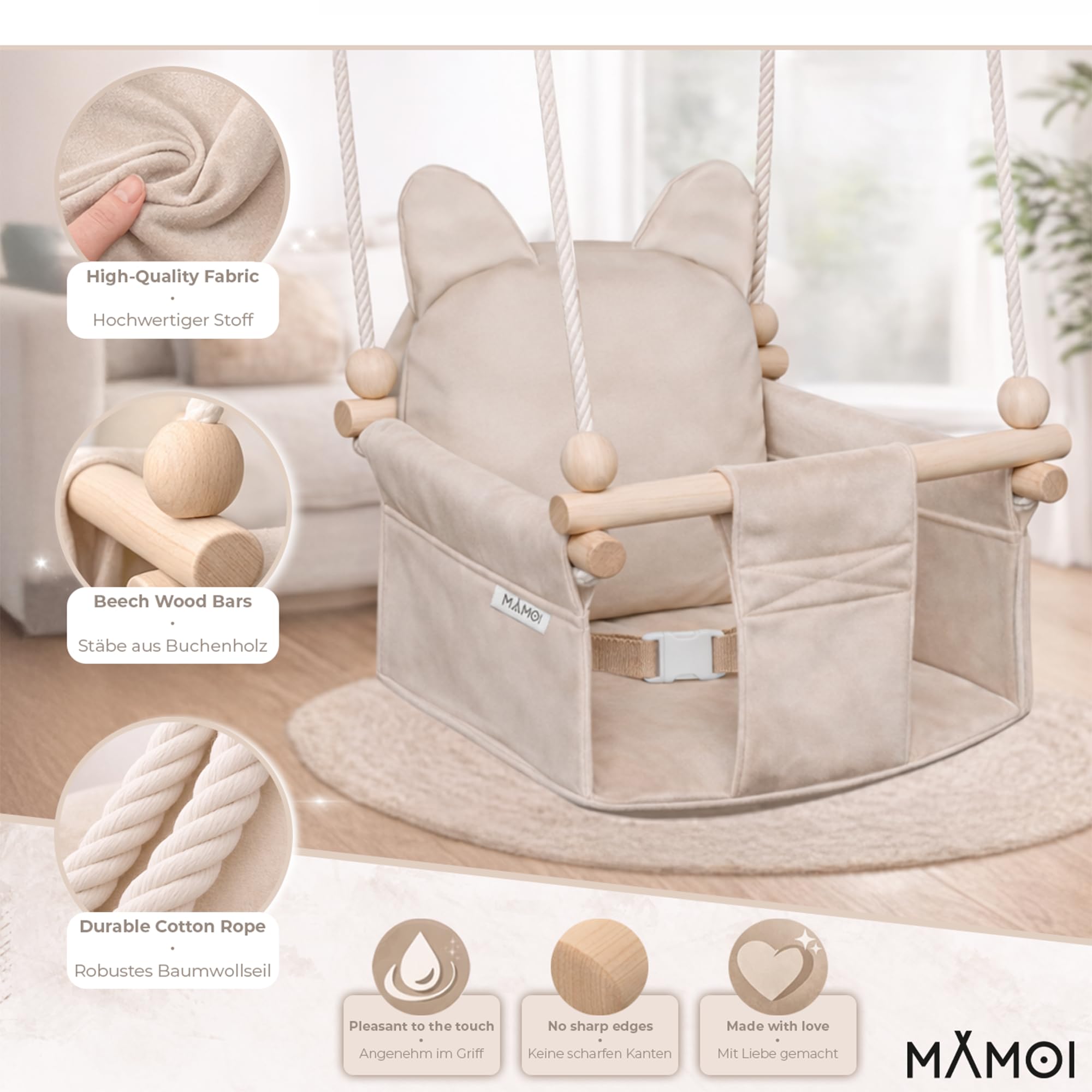 MAMOI Columpio infantil con cinturón de seguridad, altura ajustable 150–190 cm, columpio para casa, construcción estable, asiento de terciopelo, montaje fácil, columpio infantil para interior