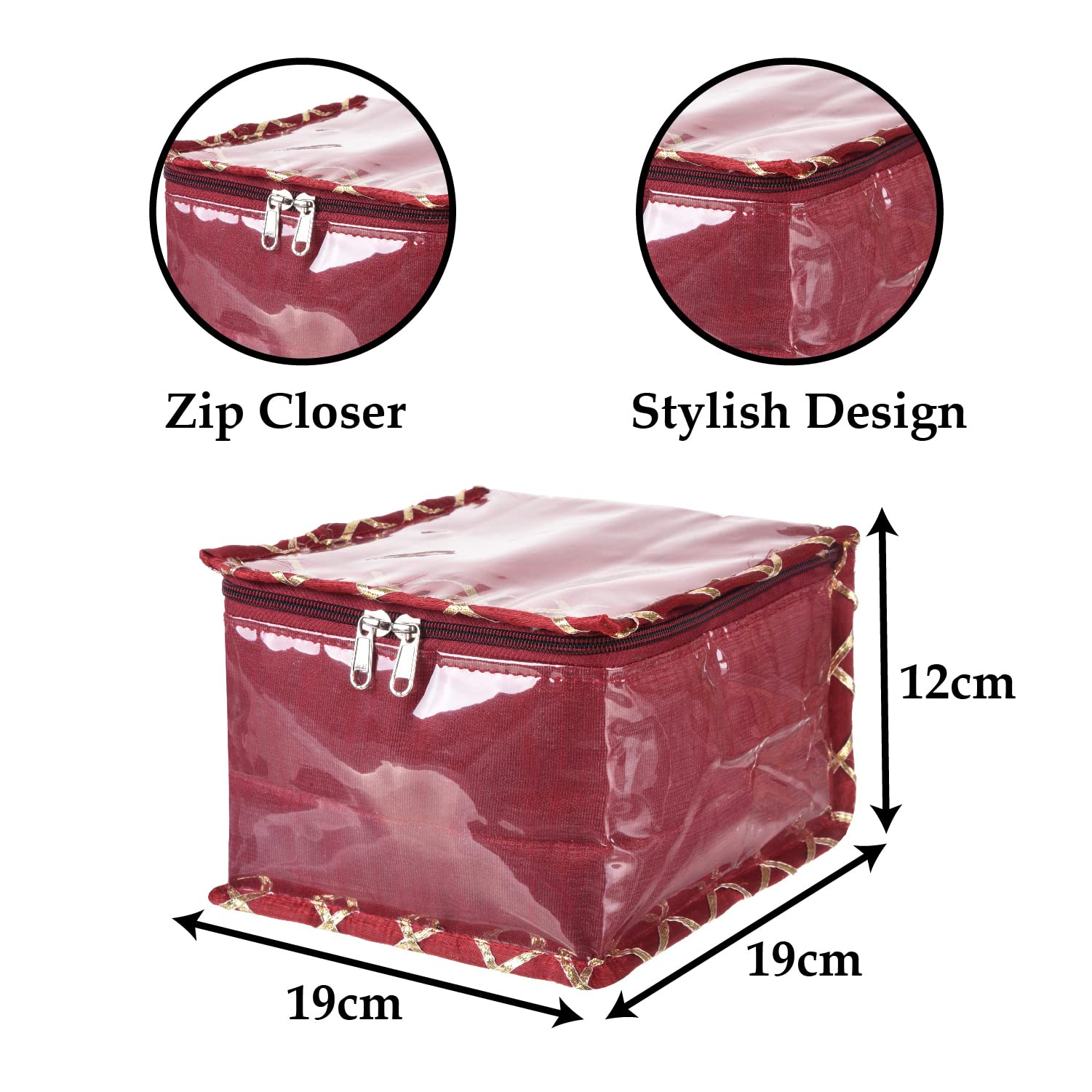 Kuber Industries Organizer na biżuterię, Laminowany PVC Gota Check Design Organizer kosmetyczny dla kobiet, zestaw kosmetyków z 10 przezroczystymi woreczkami, bordowy