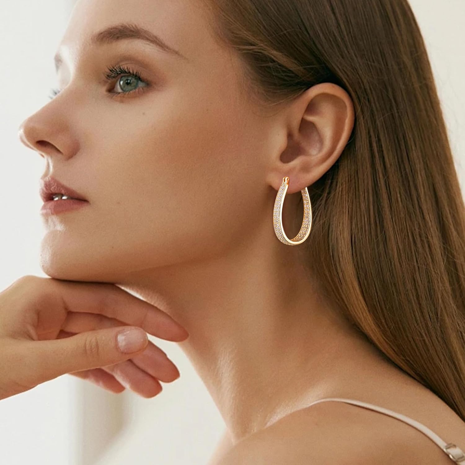 Gacimy 14K Gold Plated Oval Hoop Earrings for Women 14K Real Gold Plated, Chunky 14K Gold Plated Earrings Hoops for Women with Cubic Zirconia - Image 8