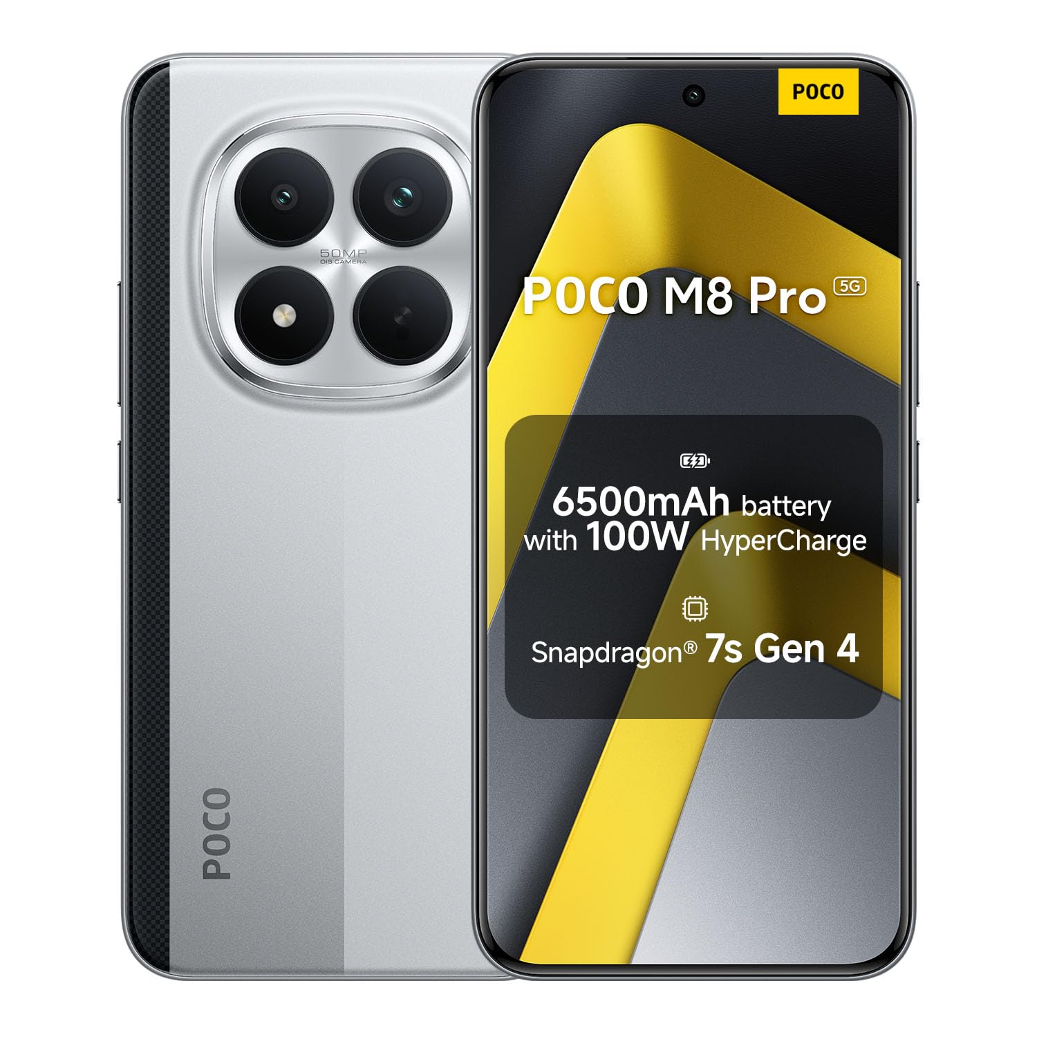XIAOMI POCO M8 Pro, Smartphone 8+256GB, 6.83" CrystalRes 1.5K AMOLED Display, Snapdragon® 7s Gen 4, 50Mp Light Fusion 800 with OIS, IP68 Dust and Water Resistance, Silver, Charger Not Included