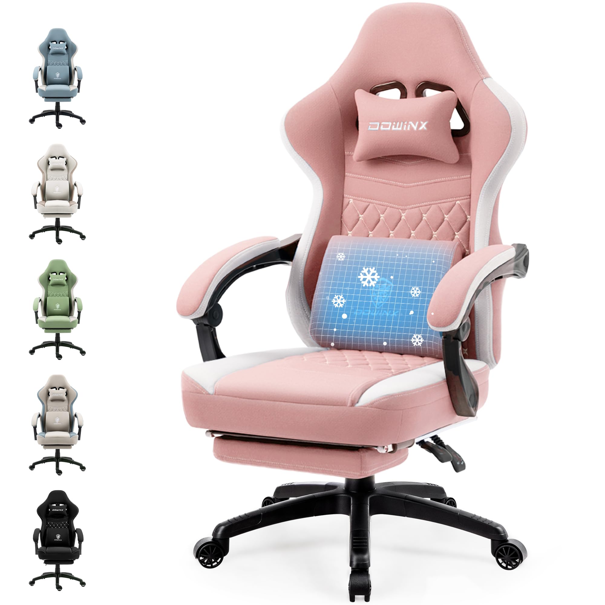 Dowinx Silla de Gaming de Tela con cojín de muelles ensacados, sillón de Masaje con reposapiés, Silla ergonómica de PC, Silla de Oficina, 150 kg,Rosa