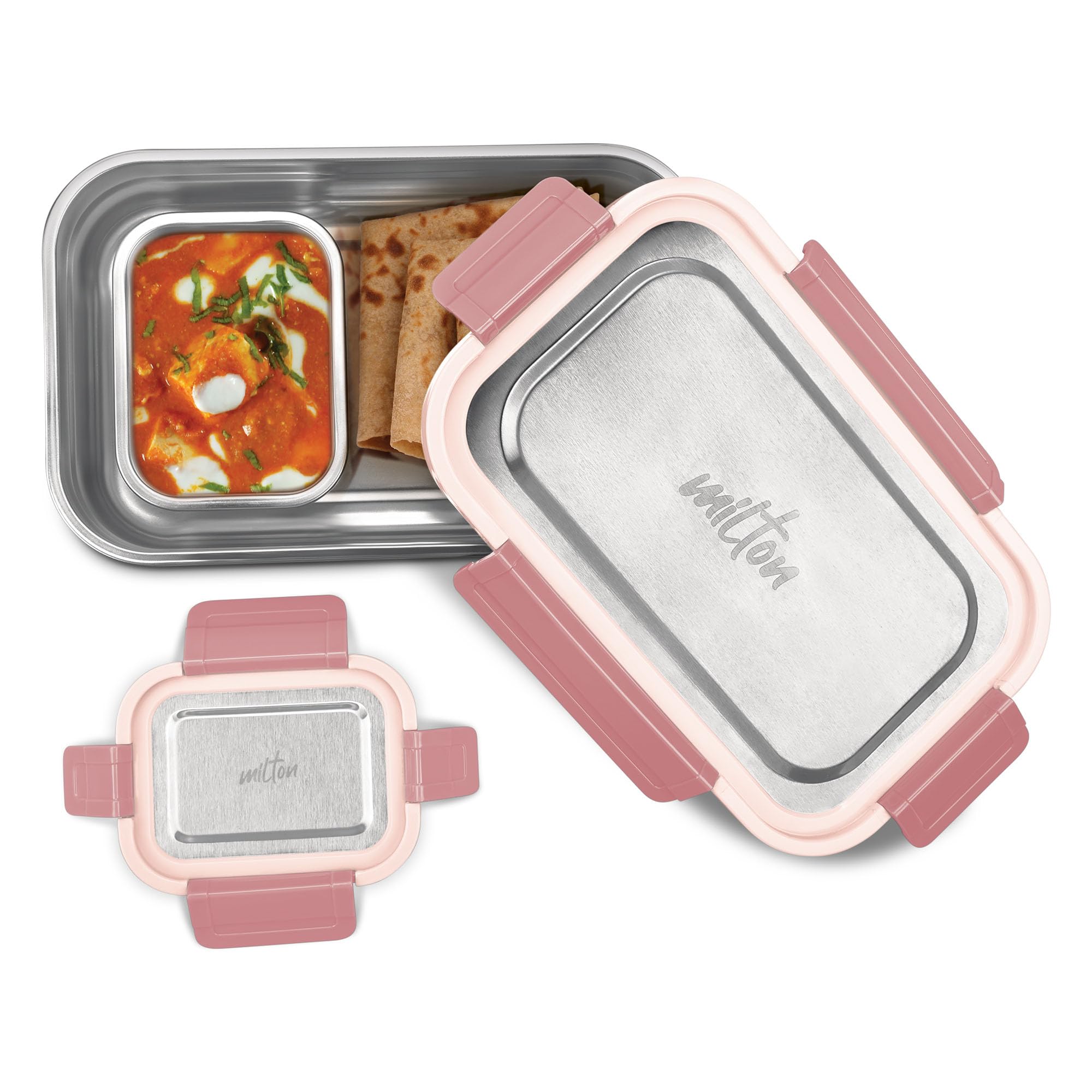 MILTON Home Meal Sr. Stainless Steel Airtight Leak-Proof Lunch Box, Snacks Tiffin for Kids, Light Weight, Easy to Clean, for Office, School, Picnic & Travelling Set of 2 (970,180 ml), Pink