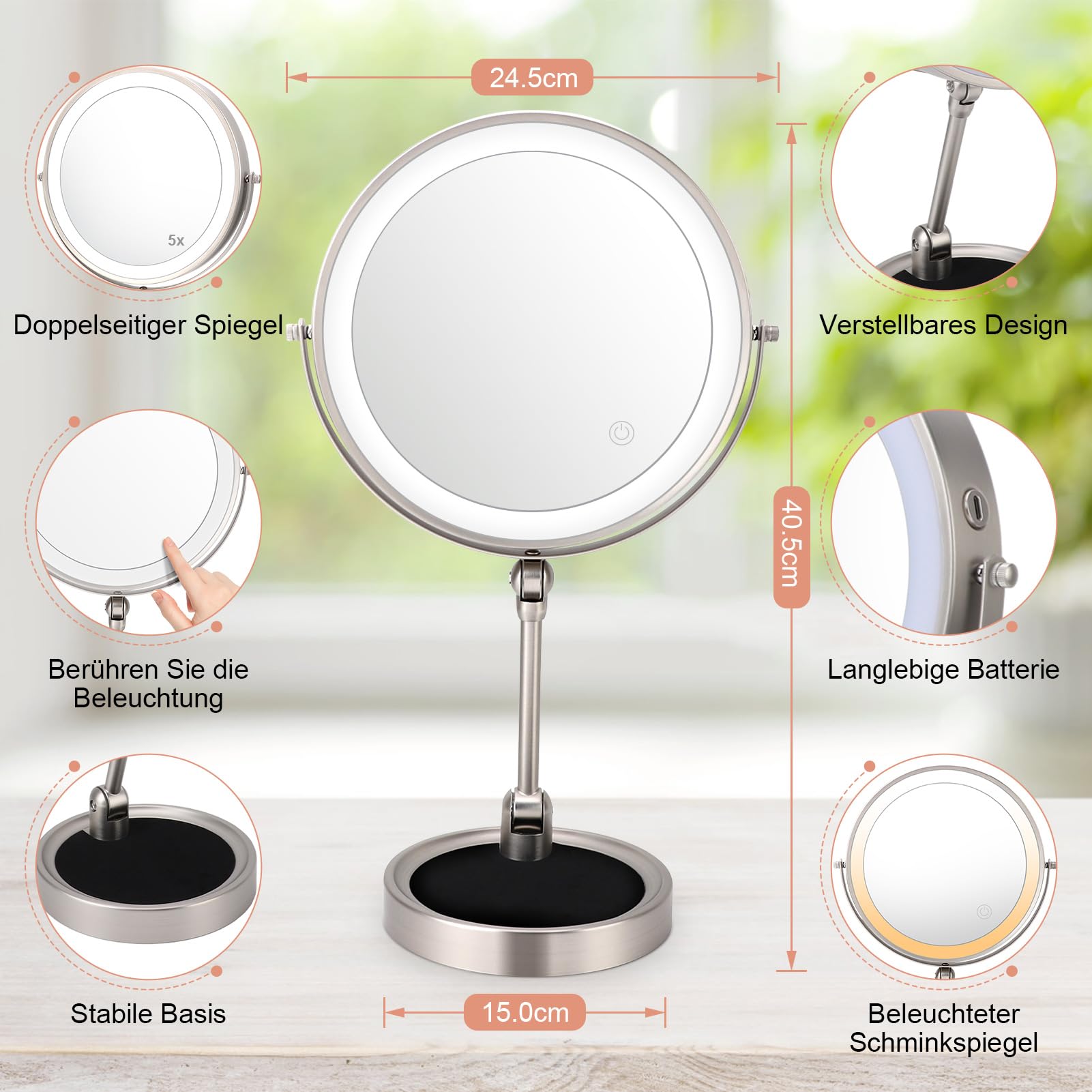 Lusterko Podświetlane LED, Lusterko do Makijażu 245 X 405 Mm, Lusterko Kosmetyczne Obracane o 360 Stopni z regulowaną jasnością, Lusterko Kosmetyczne z możliwością ładowania za