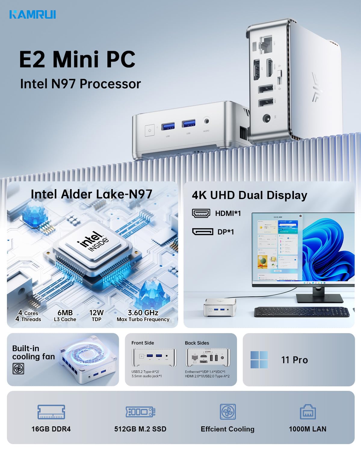 Amazon.com: KAMRUI E2 Mini PC,12th Alder Lake N97 Mini Computer(up