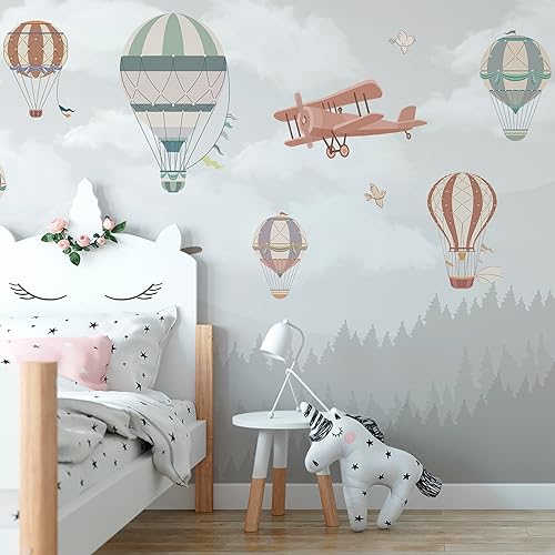 Miniatura 5 de WS Wallpaper Papel tapiz autoadhesivo para pared, diseño de aviones y globos en el cielo, vinilo autoadhesivo, decoración de habitación de bebé,
