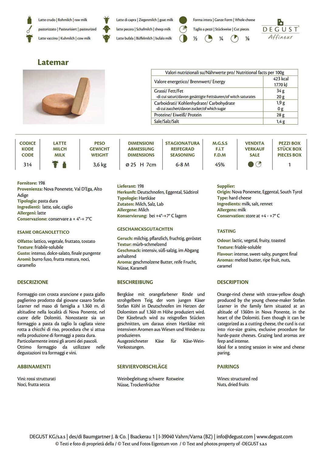 Latemar formaggio Caseificio Az. Learner ca. 900 gr.