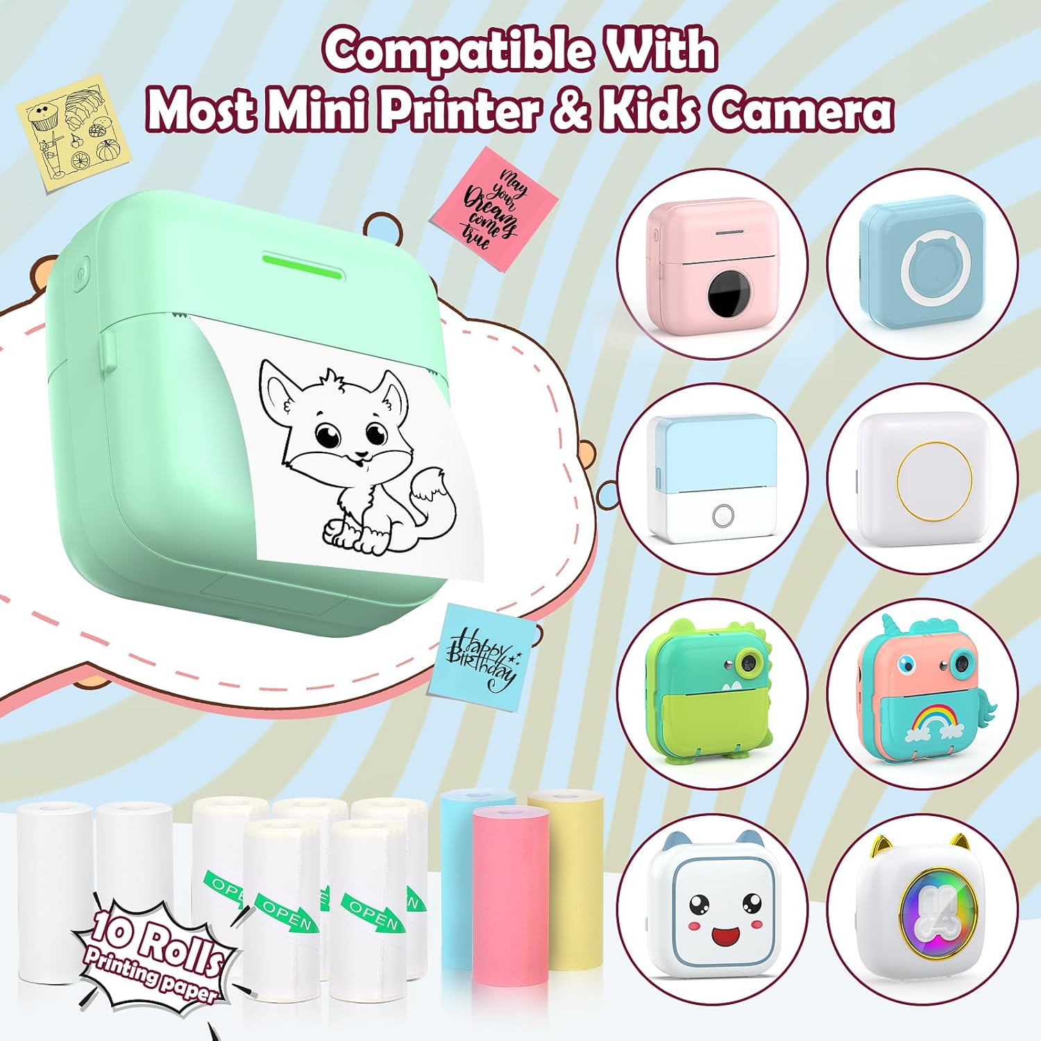 10 Rolls Mini Printer Paper - 5 Thermal Sticky & 5 Plain, 57X25mm for Inkless Printer, Notes, Journal, Memo, Photo, Study - Image 3