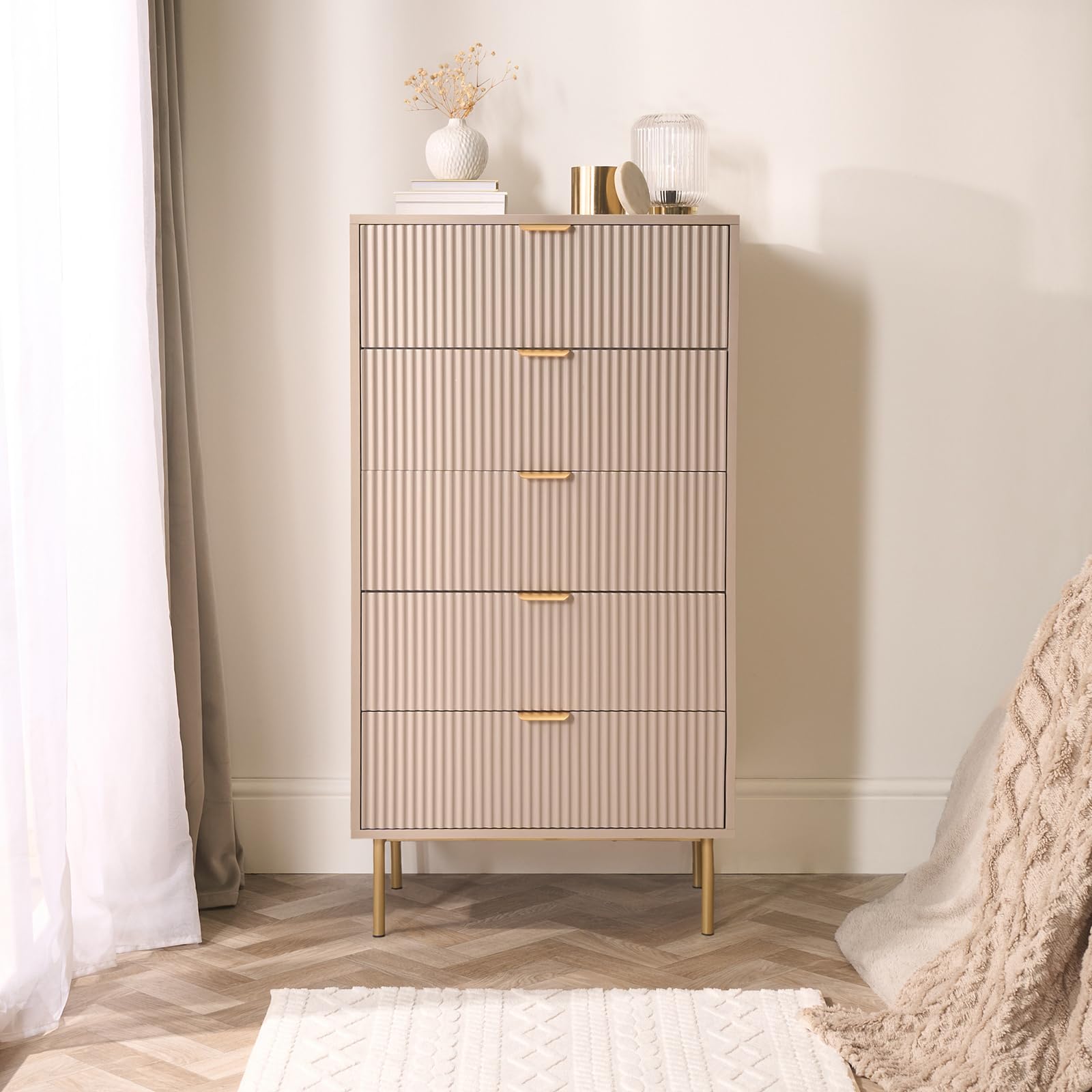 OHS 5 Drawer Chest of Drawers, Ribbed Tall Dresser for Bedroom Space Saving Wooden Storage Cabinet with Metal Handles Decorative Side Tables for Bedroom Living Room Hallway, Natural