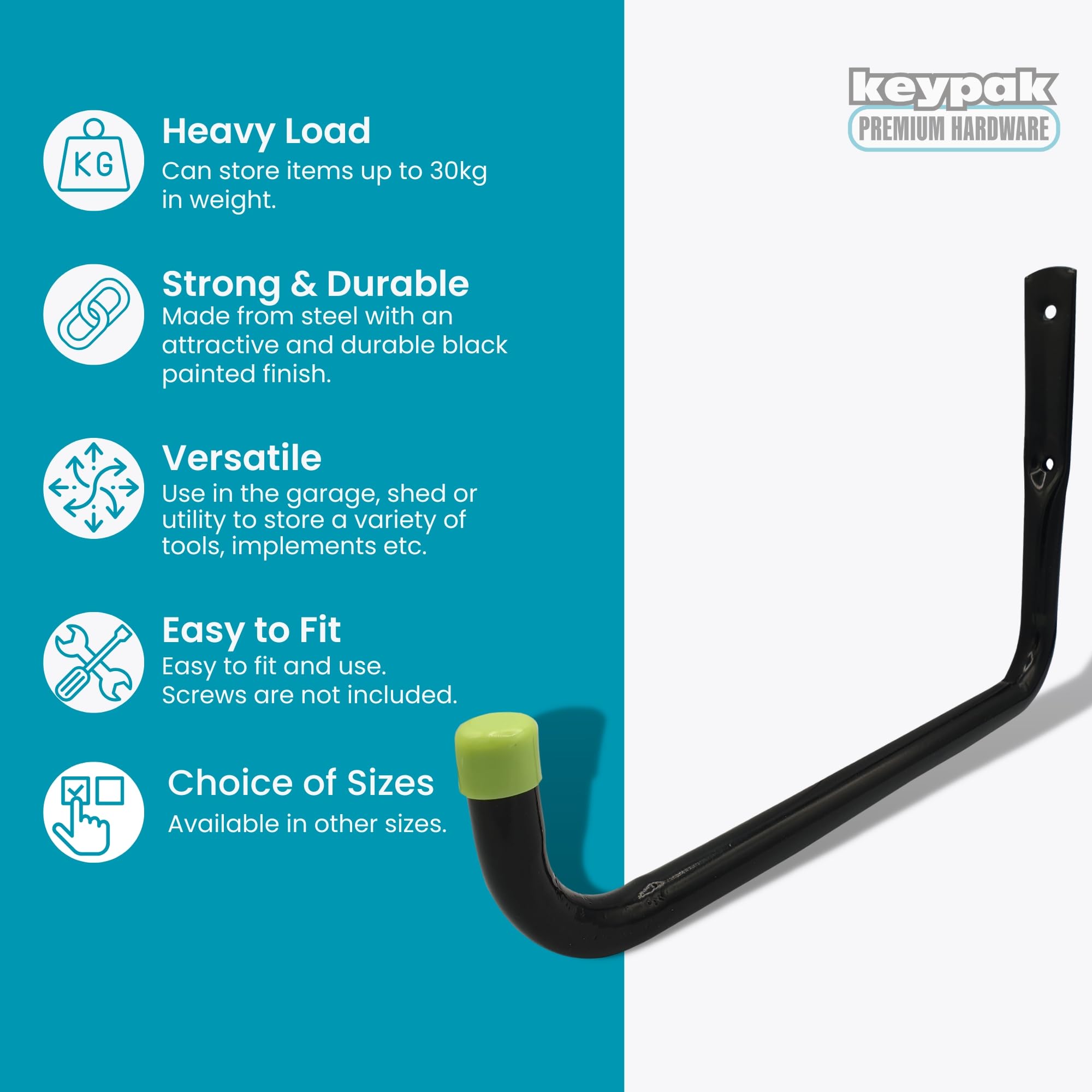 Keypak ST7003H, Wielofunkcyjny hak do przechowywania w garażu, 25 cm, nośność 30 kg, czarny