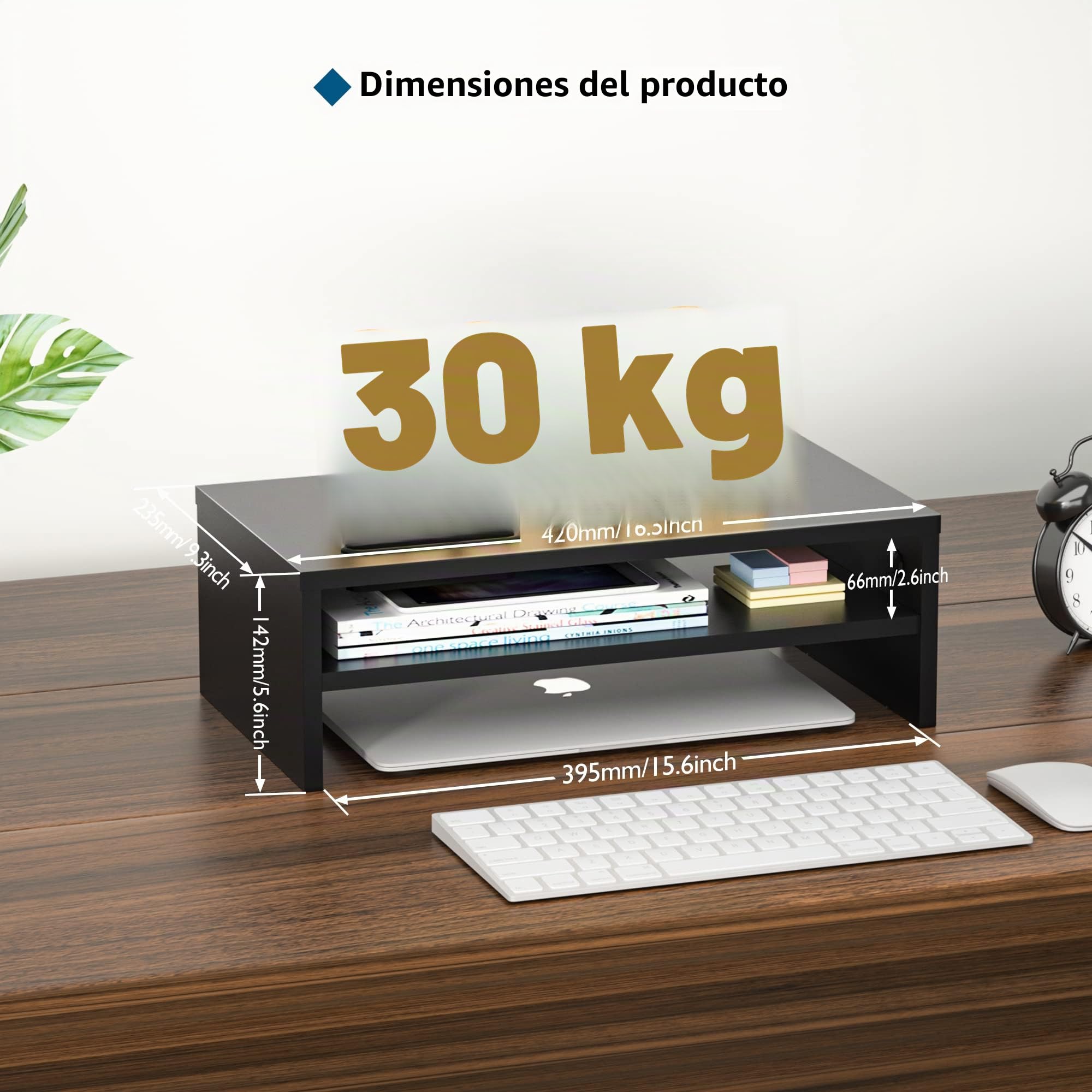 BONTEC Elevador Monitor Escritorio Madera, Soporte 2 Niveles Gestión Cables Ranura Móvil, 30 kg, Negro 420x235x142mm