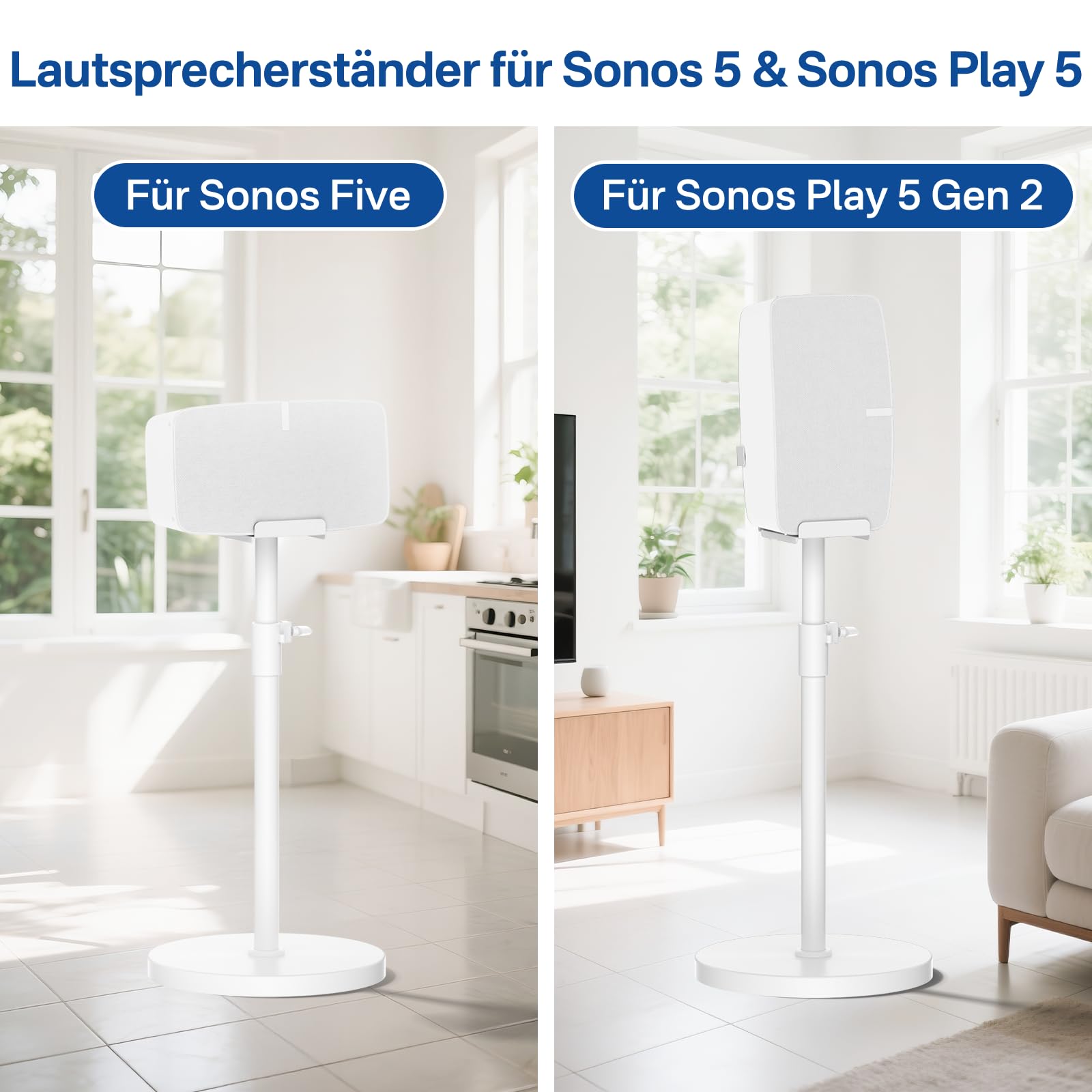 Höhenverstellbarer Lautsprecherständer: Bodenständer für horizontale/vertikale Ausrichtung, Kompatibel mit Sonos Play:5 (2. Gen.) und Sonos Five mit Kabelmanagement, Weiß