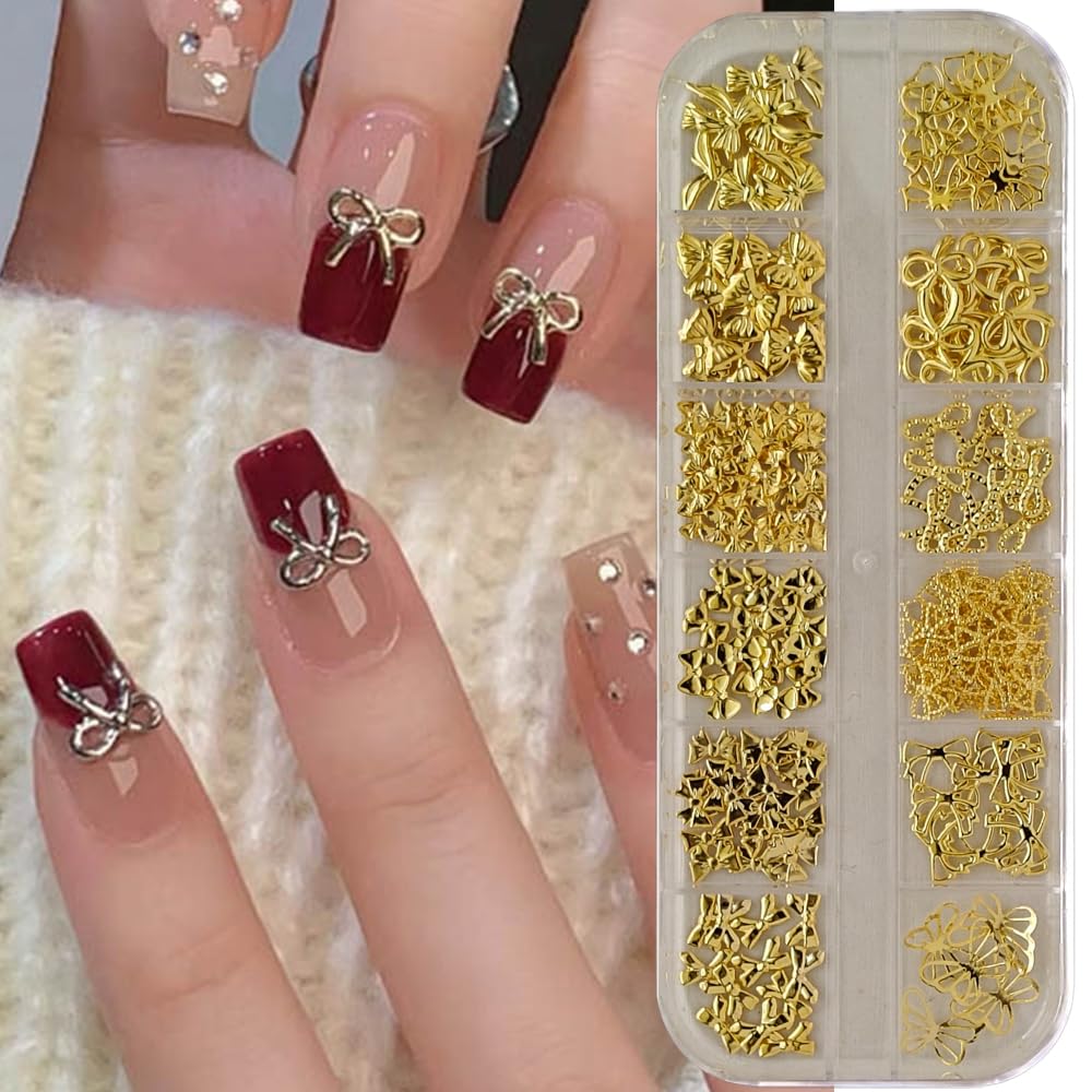 S.A.V.I Gold Alloy Bow Nail Art Decorations – 3D Metal Nail Charms (Box 30 g) 12 Stylish Designs for DIY Nail Extensions & Manicure – Nail Accessories for Women & Girls-image-49