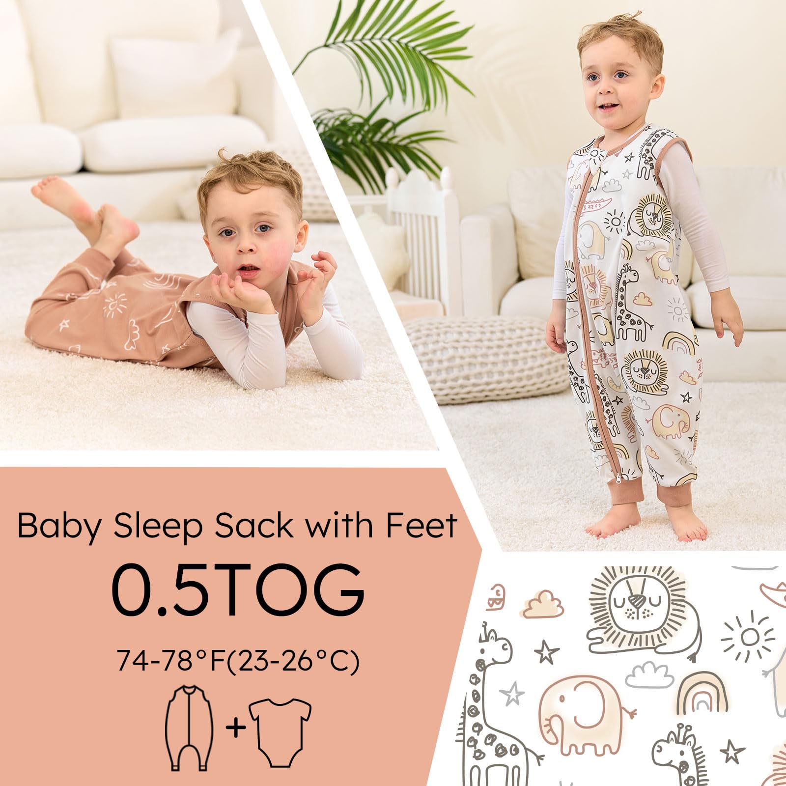 Yoofoss 2er Pack Baby Schlafsack mit Füßen 0.5 Tog 100% Baumwolle Schlafsack Baby mit Beinen Sommer Babyschlafsack für 18-36 Monate Kinder Jungen Mädchen 80 cm- Braun Tier