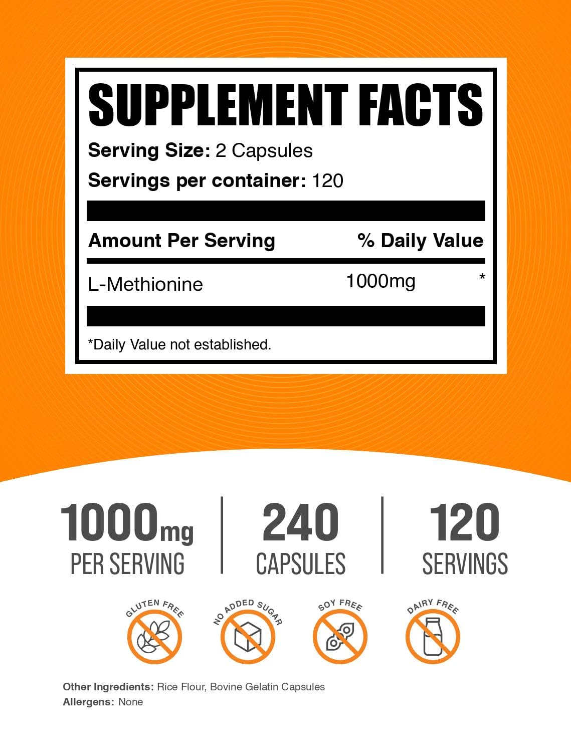 BulkSupplements.com L-Methionine Capsules - Amino Acids Nutritional Supplements, Choline Supplements, Antioxidants Supplement - Gluten Free, 2 Capsules per Serving, 240 Count (Pack of 1)