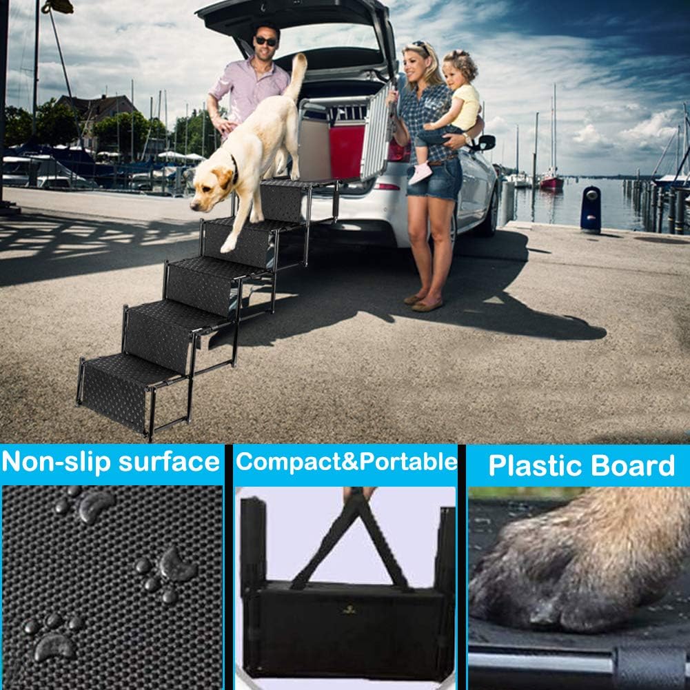 Pet Dog Car Step Stairs, Accordion Folding Pet Ramp for Indoor Outdoor Use, Lightweight Portable Auto Large Dog Ladder, Great for Cars, Trucks and SUVs Cargo, Sailboat, Couch and High Bed, 5 Steps