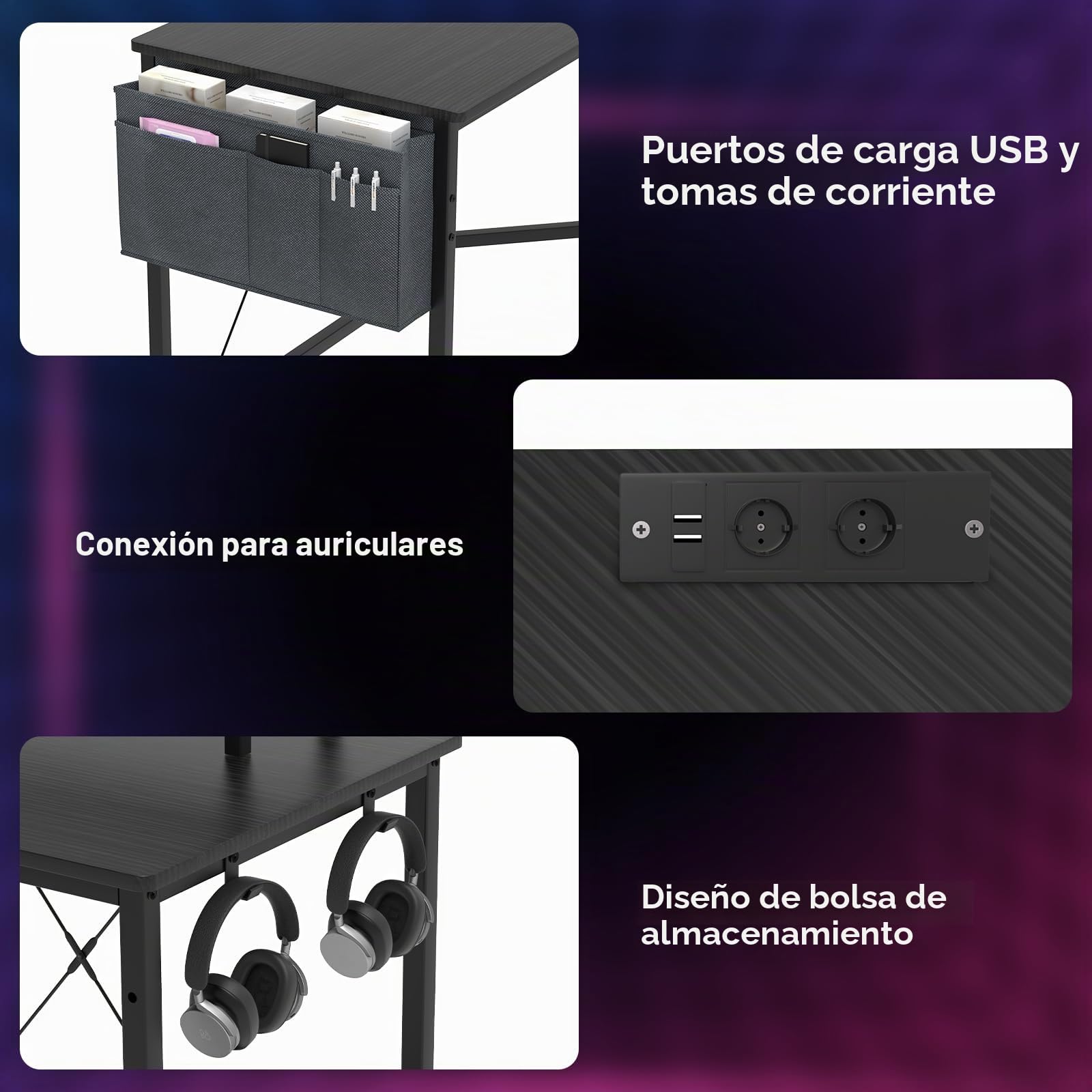 Mesa Gaming, 135-160cm Escritorio de Esquina Gaming, Escritorio de Gaming con 2 Enchufes y 2 Puertos USB, Mesa Gamer en Forma de L con Soporte para Monitor, Gancho Auriculares