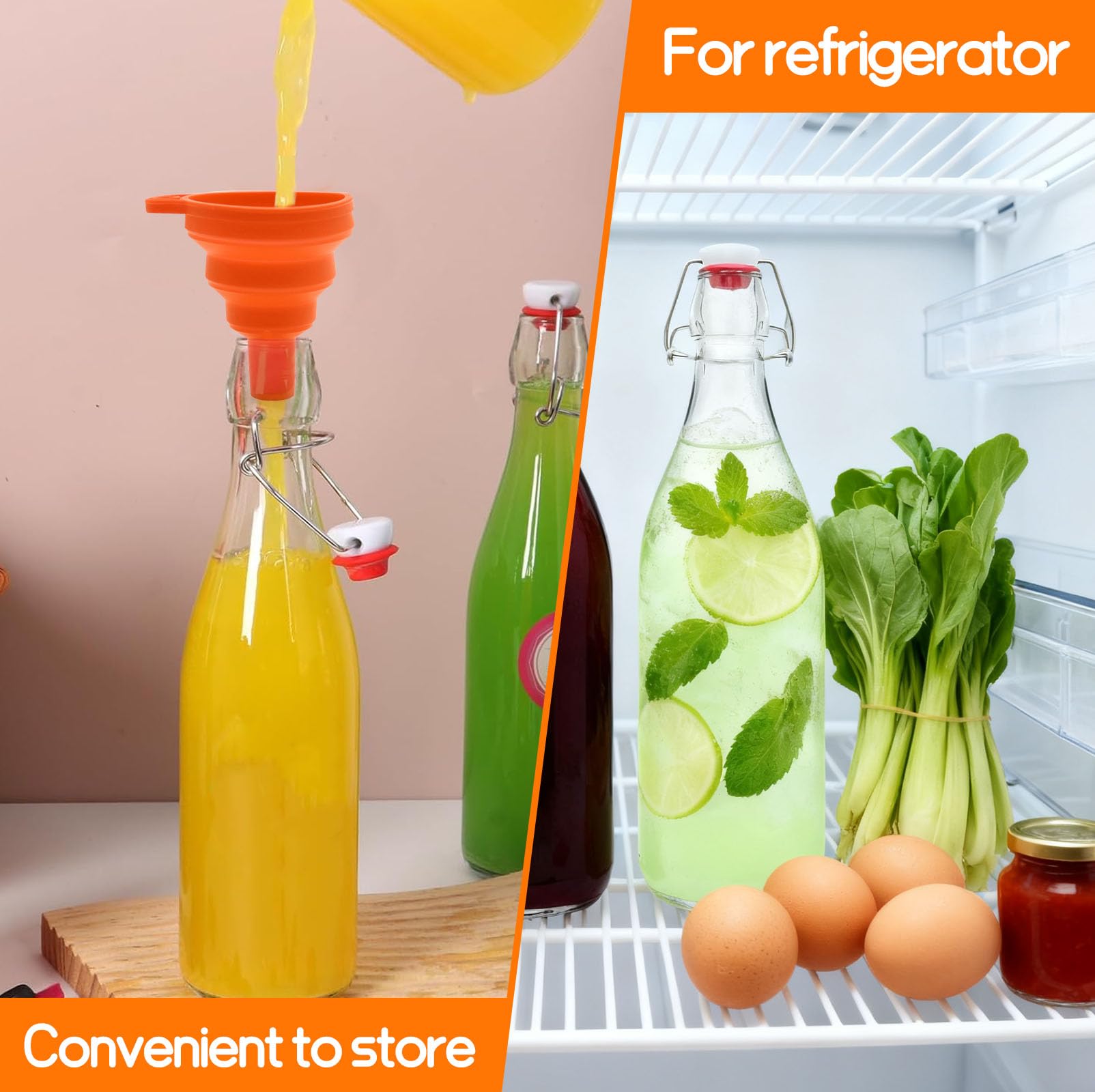 6 Piezas Botella Agua Cristal de 500 ml con Tapón Hermético y Embudo, Botellas de Vidrio Transparente Hermética, Botellitas Bebidas Reutilizables para Jugos, Aceite, Jarabe, Cerveza, Vinagre, Kombucha