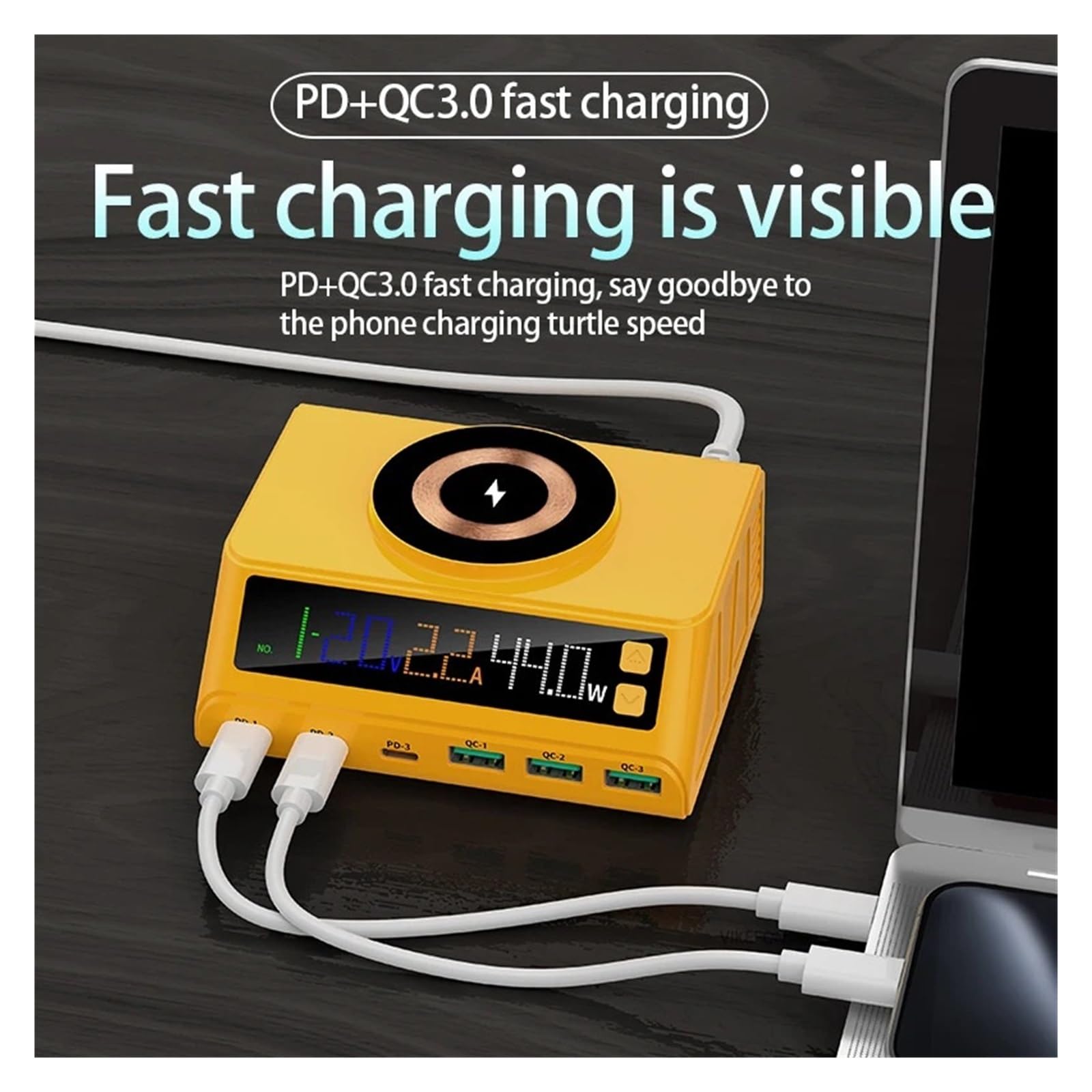 Station De Chargeur USB 110W À 6 Ports, Charge Rapide sans Fil Magnétique QC3.0 PD3., for Tous Les Téléphones Et Ordinateurs Portables Capacité De Charge Rapide(Yellow)