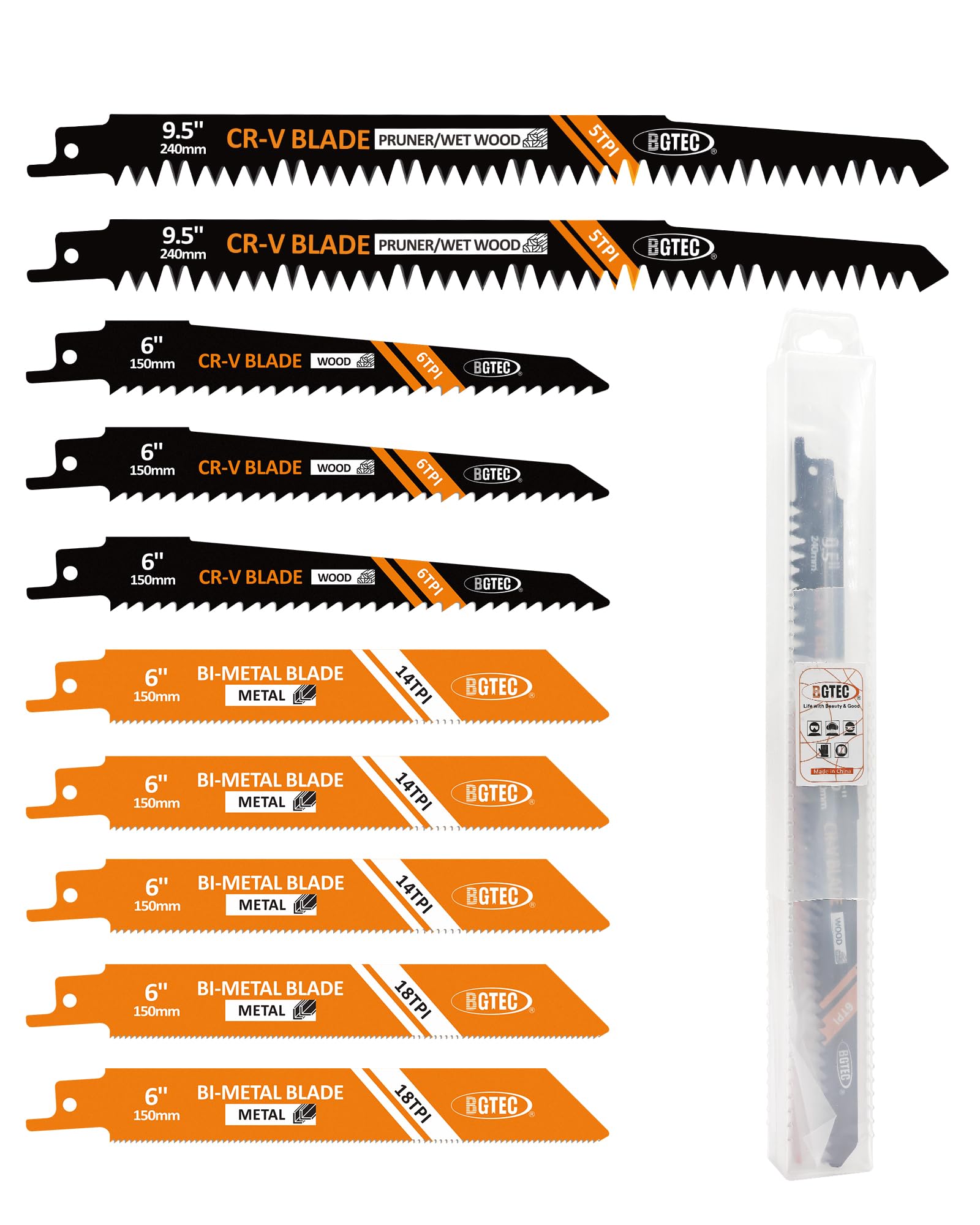BGTEC 10-Piece Reciprocating Saw Blade Set with Storage Box - 150/240MM Metal&Wood Cutting, Pruning Saw Blades