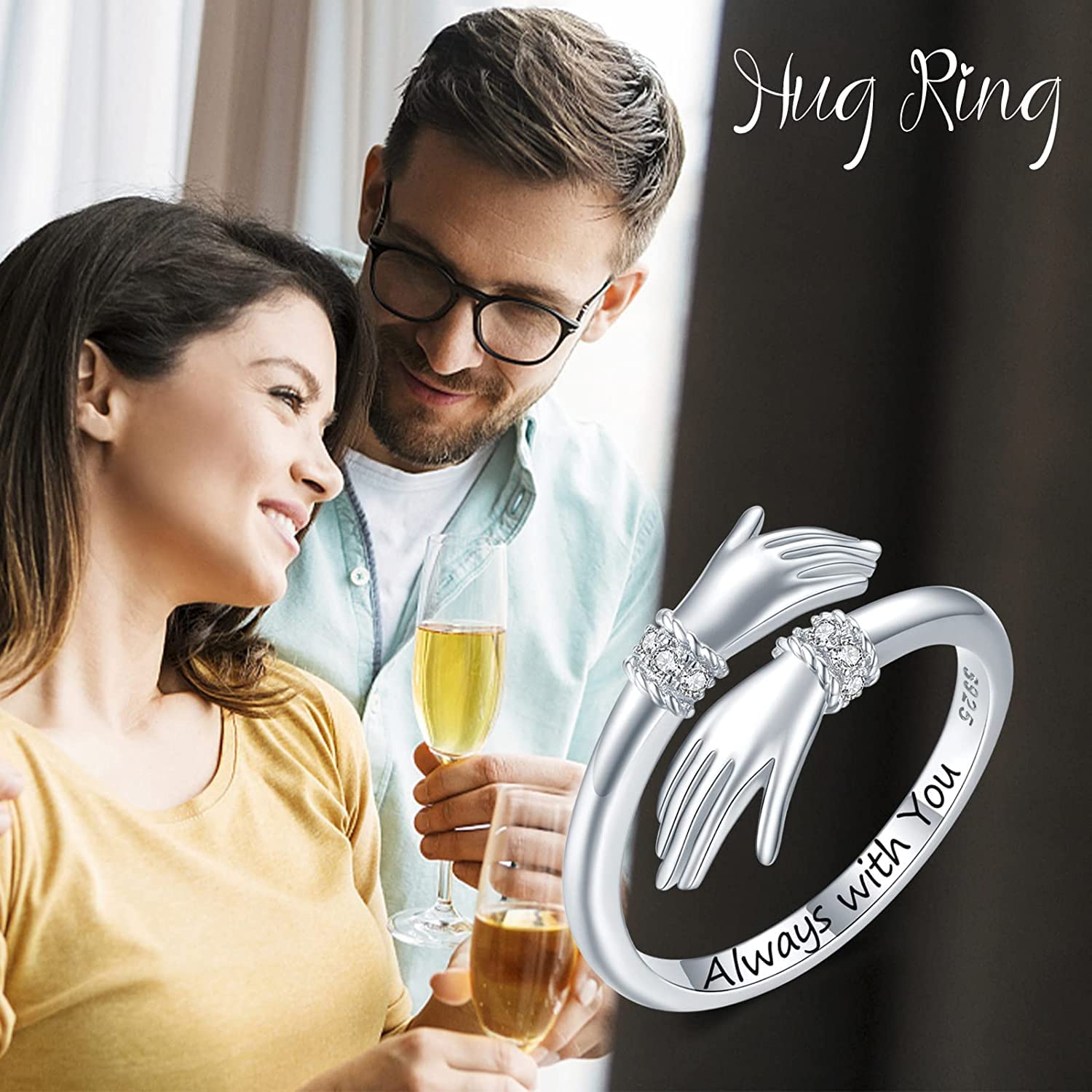 Adjustable Crystal Toned Silver Ring for Valentine