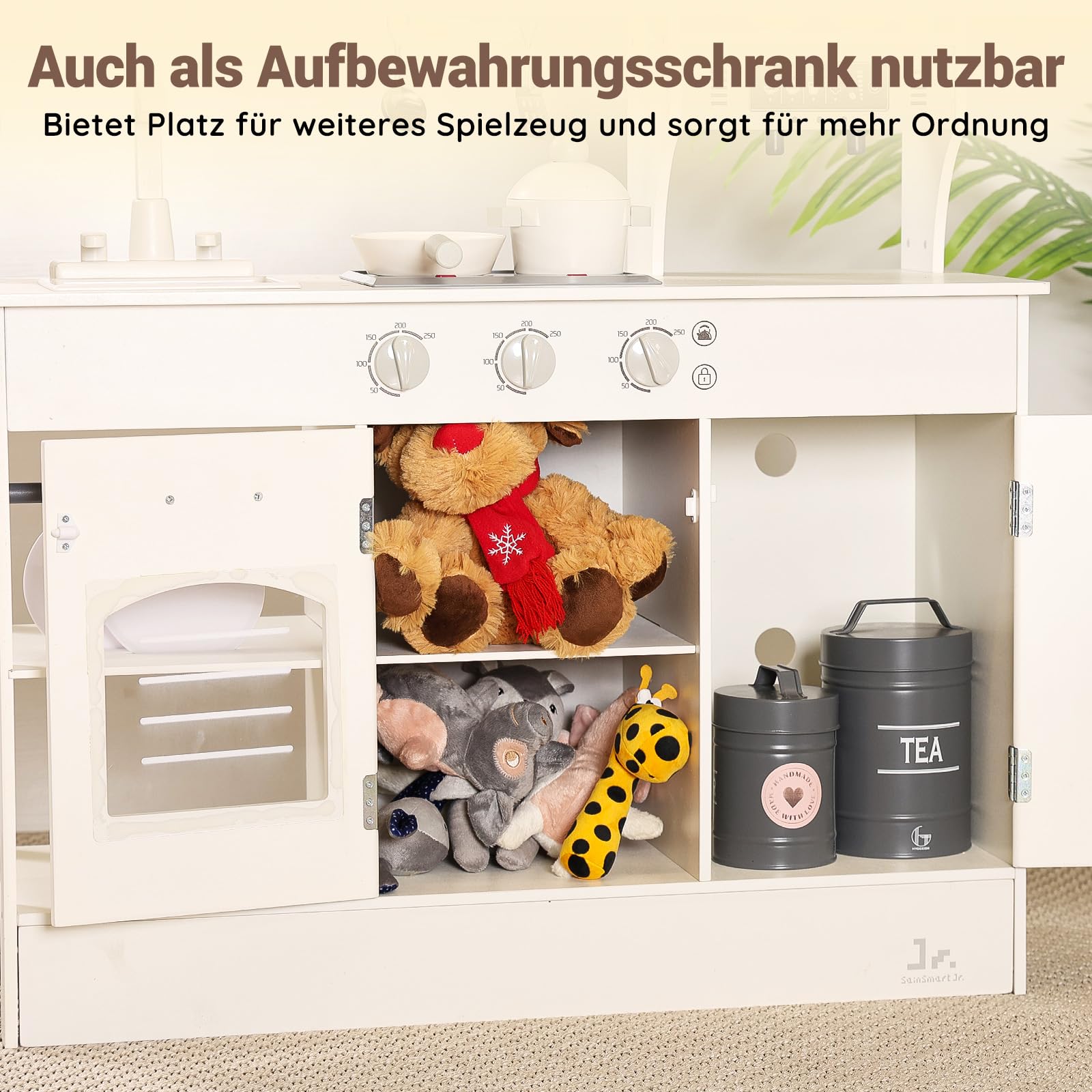 SainSmart Jr. Kinderküche Holz Spielküche für Kinder, Creme – mit Licht & Sound, Eiswürfelspender, Mikrowelle, Backofen & Spüle, große Kinder Küche mit Zubehör, Rollenspiel ab 3 Jahren