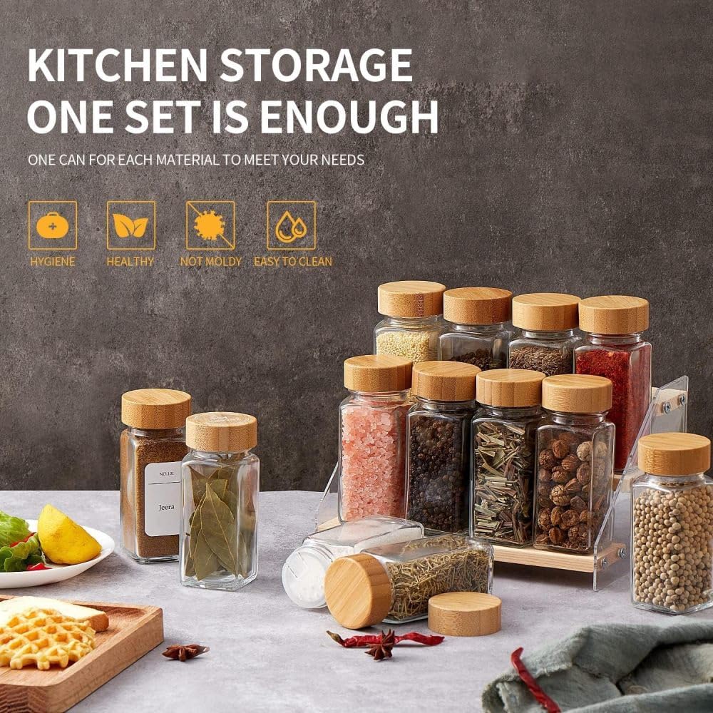 Lot de 24 pots à épices en verre avec 40 étiquettes autocollantes - Contenants à épices carrés vides de 118 ml, 24 couvercles shaker et bouchons métalliques hermétiques - Stylo de peinture, entonnoir