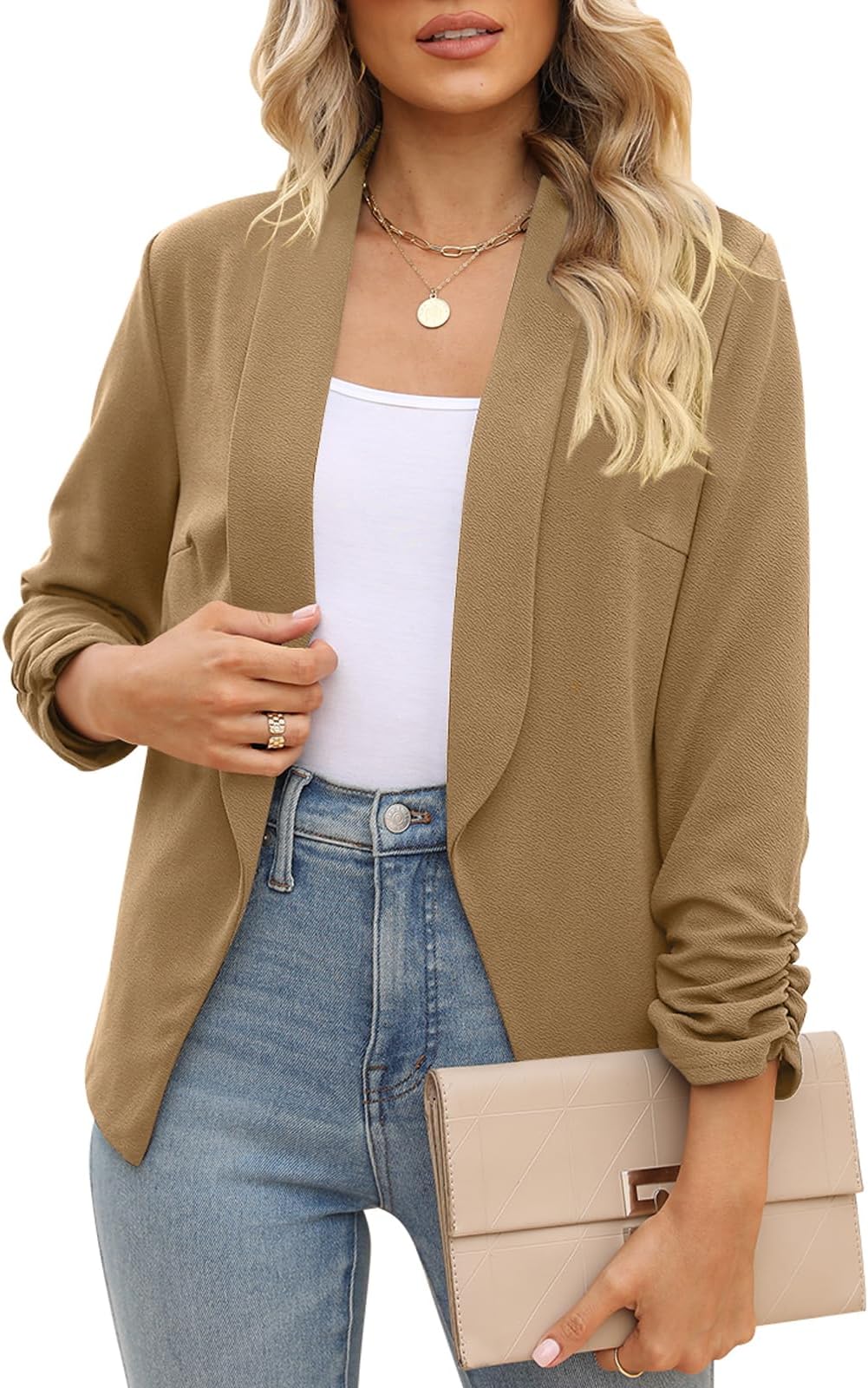 Women's Blazer Business Casual Open Front Dressy 3/4 Ruched Sleeve Work Office Suit Jackets Blazer