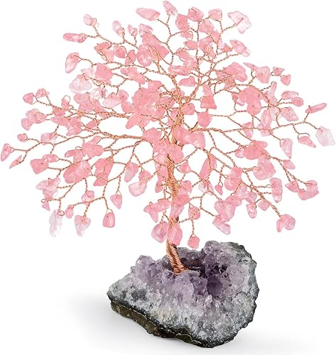 Miniatura 8 de Árbol de la vida de cristal de cuarzo rosa con base de racimo de amatista, árbol de dinero decorativo de Feng Shui, regalo de energía positiva de