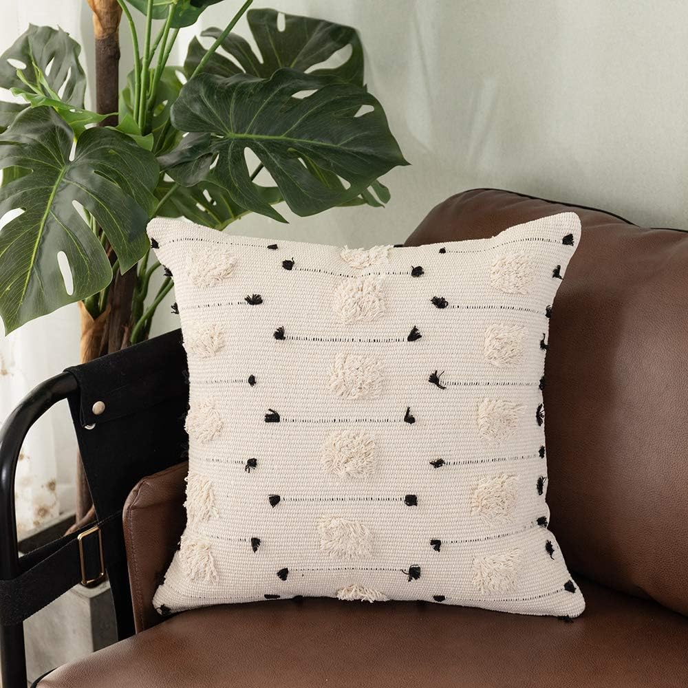 OJIA Farmhouse Black and Cream Square Pillow Cover, 18 x 18 Decorative Pompoms Throw Pillow Case