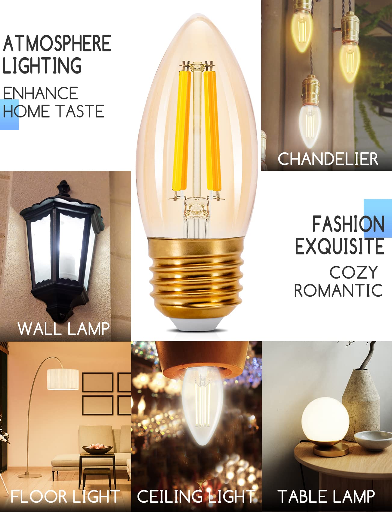 Aigostar Ampoule Connectée Alexa E27 4.5W Edison Ampoules Vintage WiFi C35 Ampoule Intelligent Retro, Compatible avec Alexa et Google Home, Dimmable 2700K-6500K, ambre 4 PCS