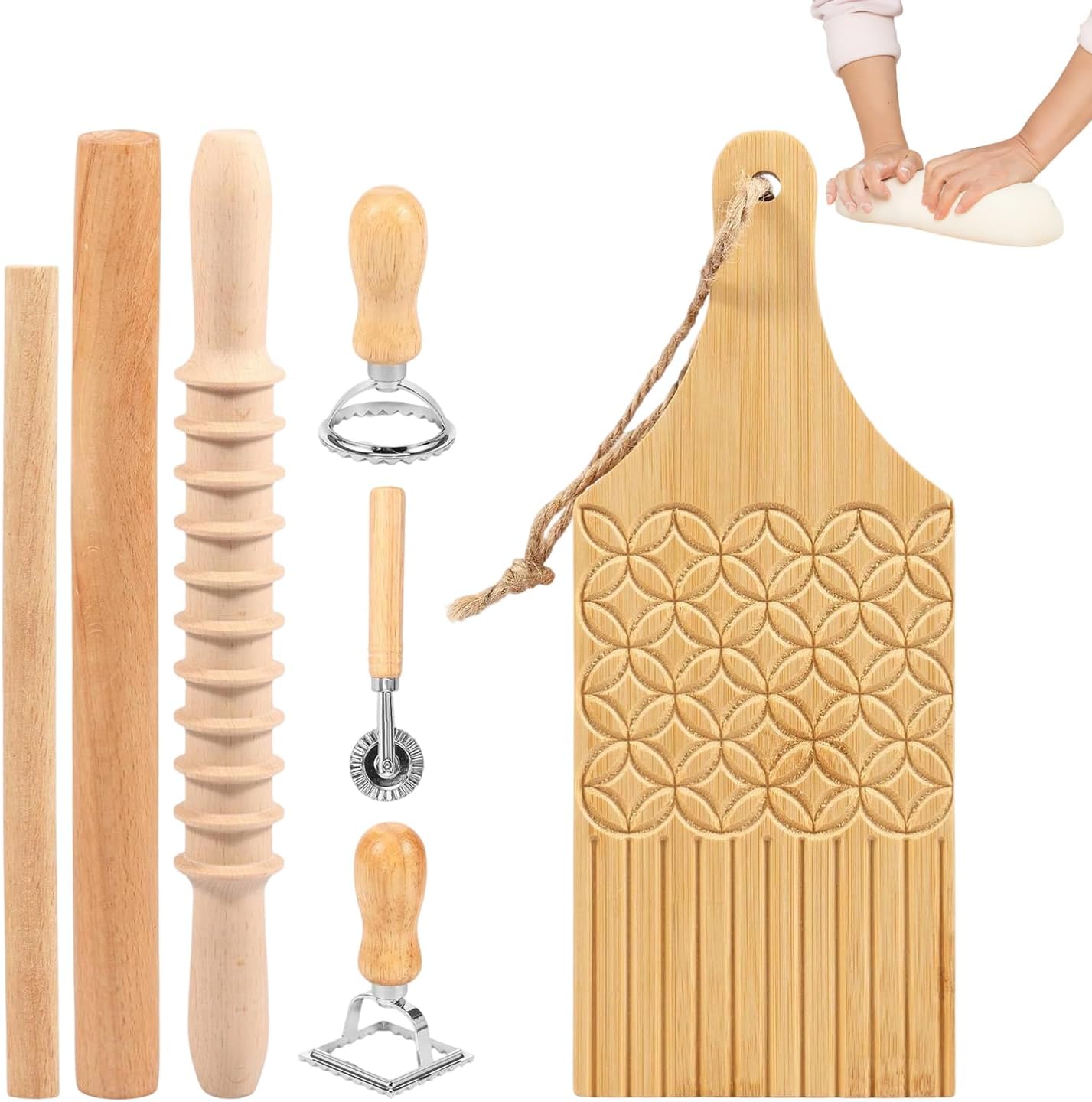 Wooden Pasta Cutter Set, 7-Piece Food-Grade Manual Stamp, Pasta Making For Dough, Noodle Dumpling And Pastry Craftsmanship, Home Restaurant Accessory, Perfect Meal Prep Cooking,