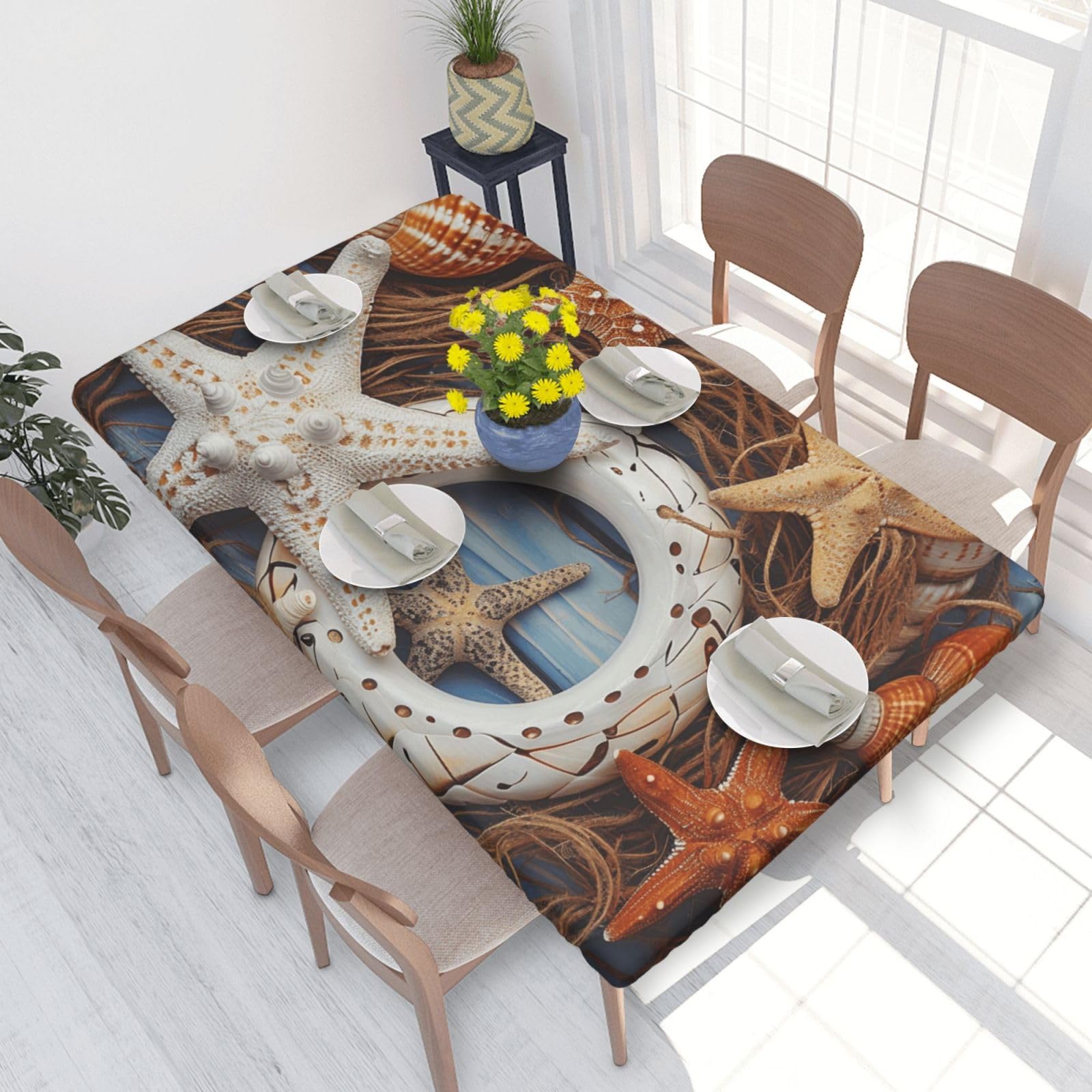 DCARSETCV Seashell Printed 4FT Waterproof Tablecloth with Elastic Edged Protect & Decor Your Table, Oil-proof Washable Table Cloth Cover for Dinner Picnic Party
