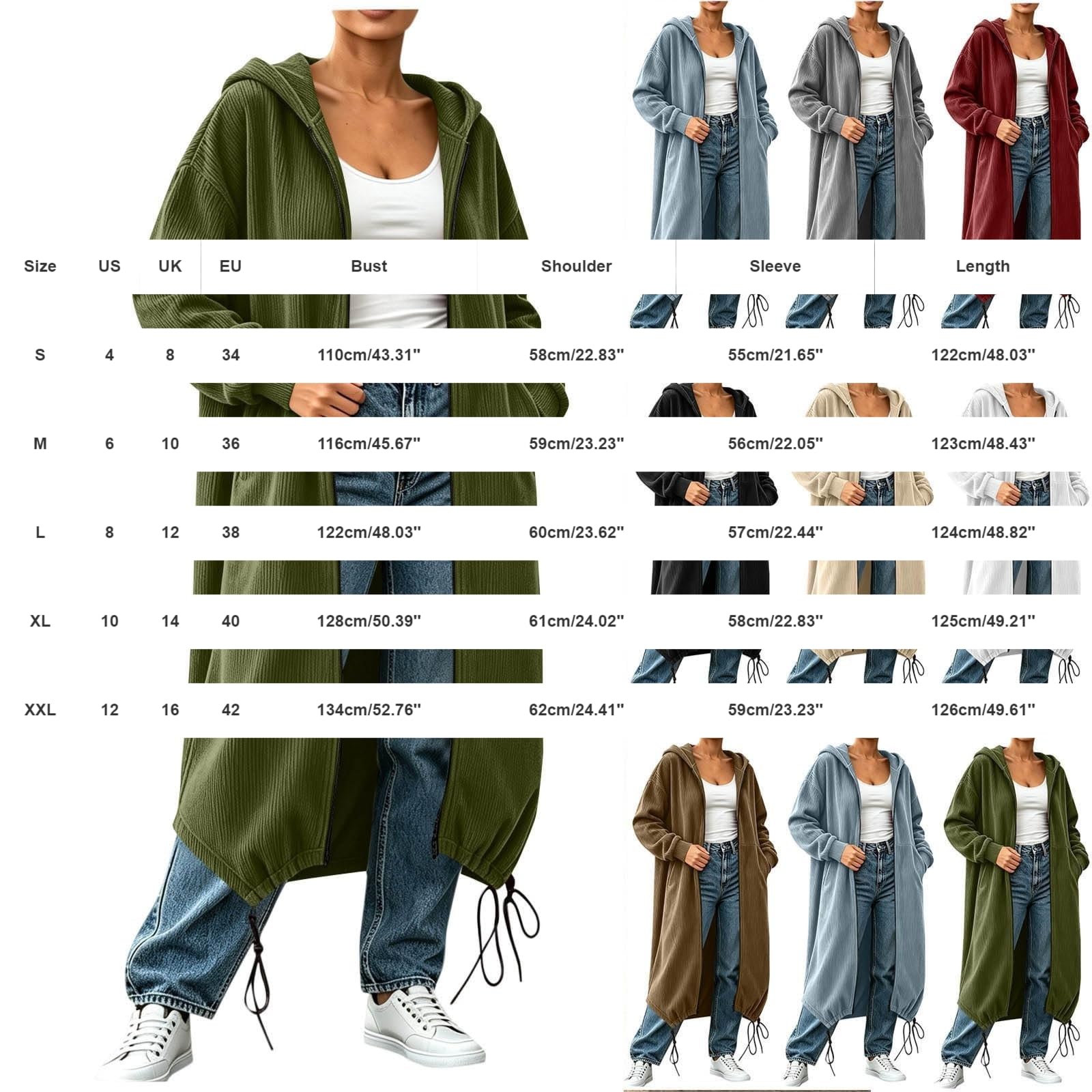 Damen Langarm Strickjacke mit Kapuze, Maxi-Länge