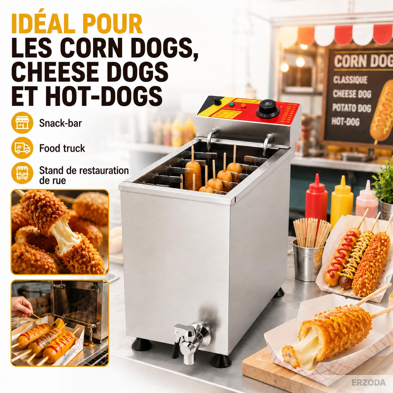 ERZODA Friteuse Commerciale pour Corn Dog NP-392, 25L, 12 Positions de Clips, Acier Inoxydable, Valve de Vidange, pour Hot-Dog Coréen, Cheese Dog, Food Truck et Snack