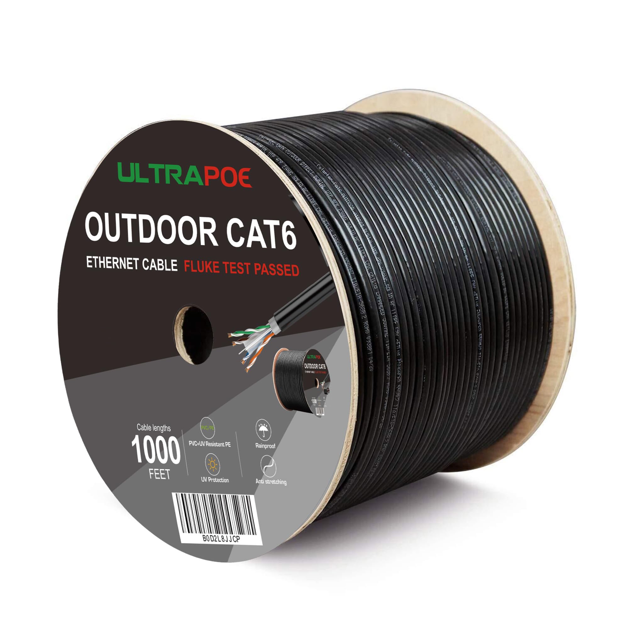 Cavo Ethernet da esterno Cat 6 a discarica diretta da 304,8 m, impermeabile, resistente ai raggi UV, rame nudo massiccio 23 AWG, 550 MHz, PoE++ (4PPoE), UTP non schermato, CMX, asse di rete