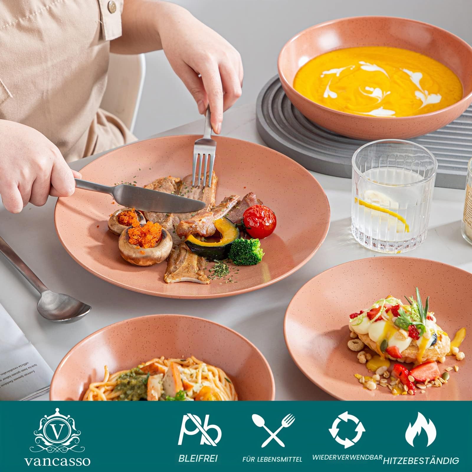 vancasso SABINE 16-teiliges steingut geschirr set, für 4-12 Personen, mit Speiseteller, Dessertteller, Pastateller & Suppenschüssel, Modernes Kombiservice mit Sesam-Muster, spülmaschinenfest