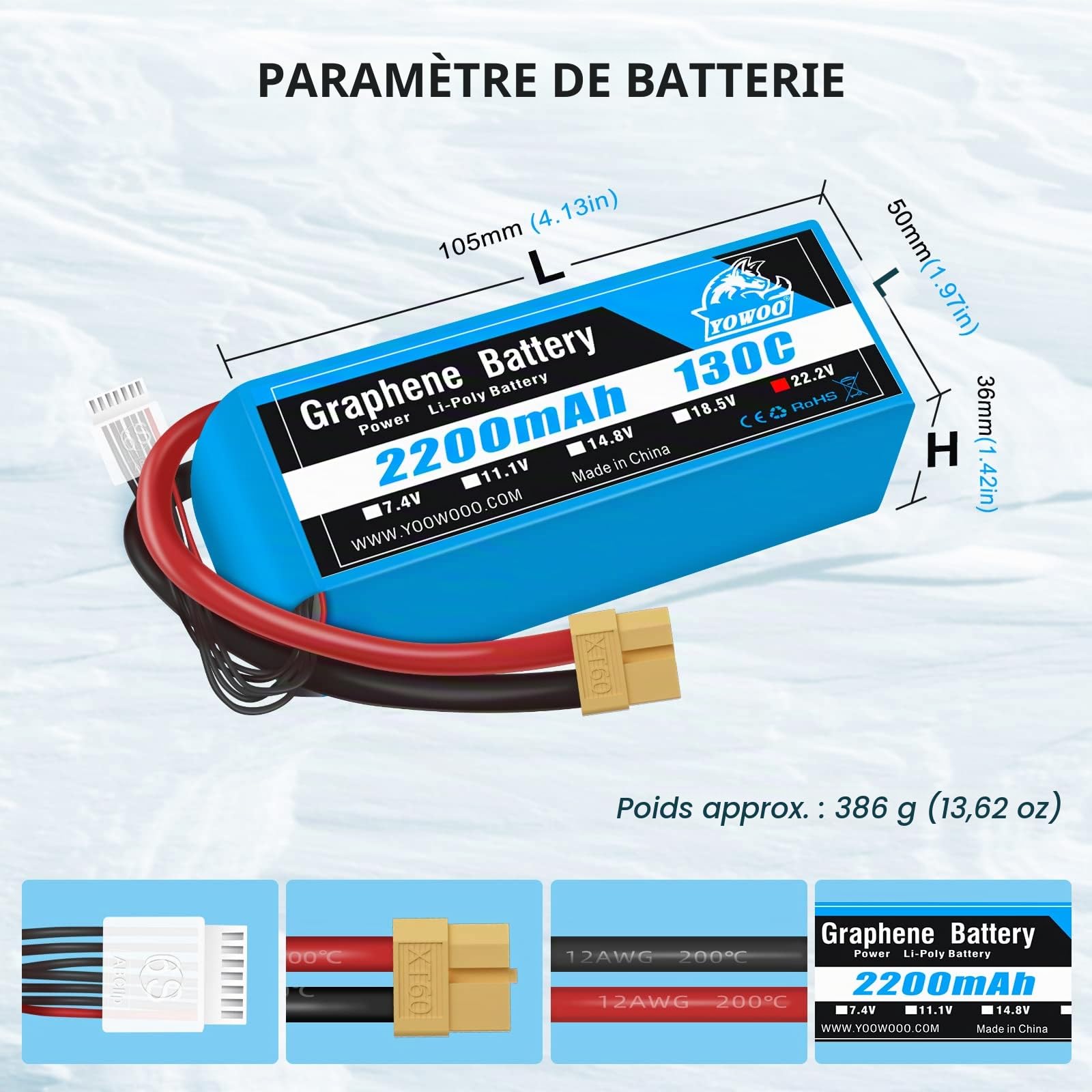 Yowoo 2S 7.4V 2200mAh 130C Deans T Plug Graphène LiPo Lot 2 RC FPV Racing