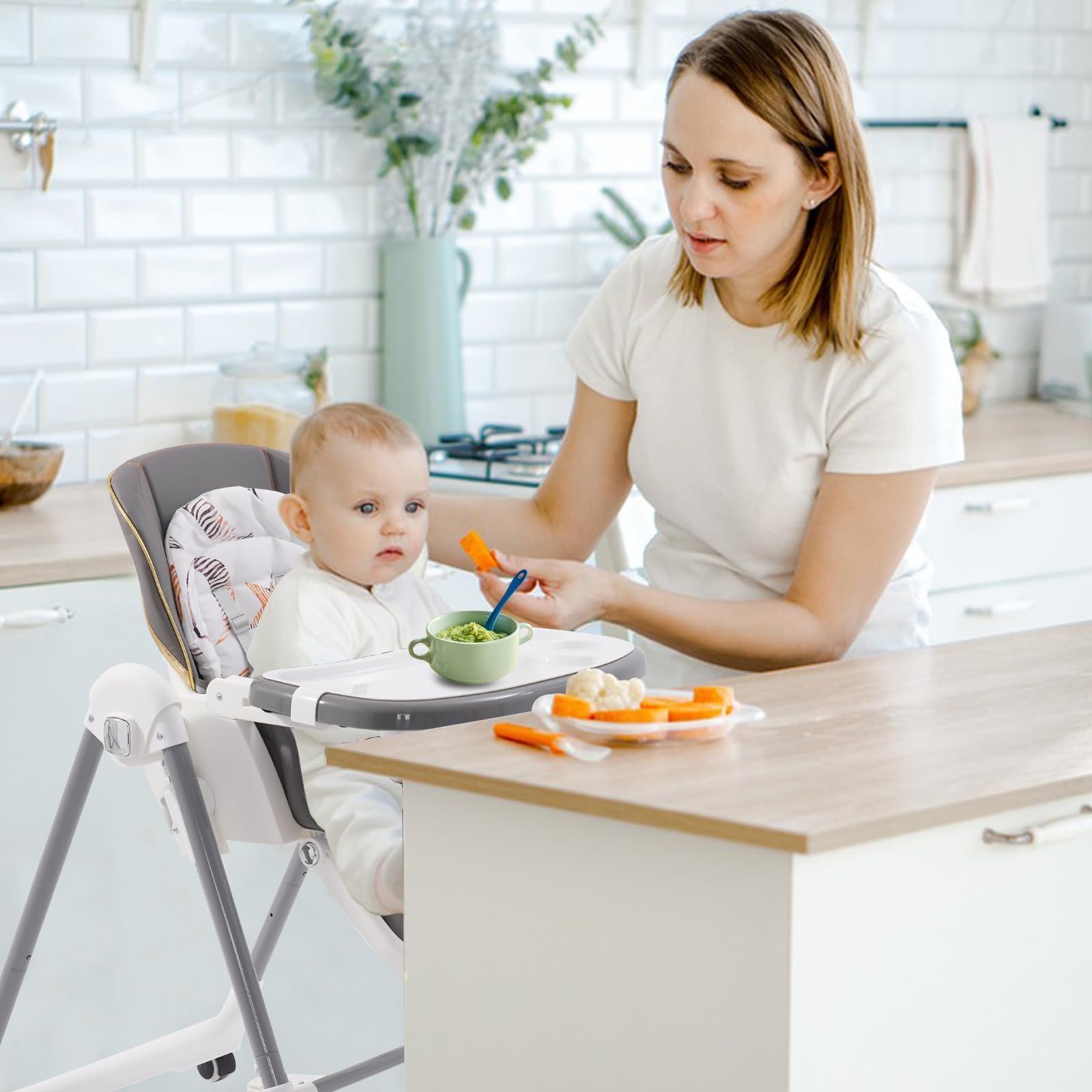 Seggiolone Pappa Pieghevole, Seggiolone Evolutivo con Dondolo Neonati, Piatto da Cena Smontabile, Schienale regolabile, per Bambini da 6 Mesi fino a 3 Anni, Beige