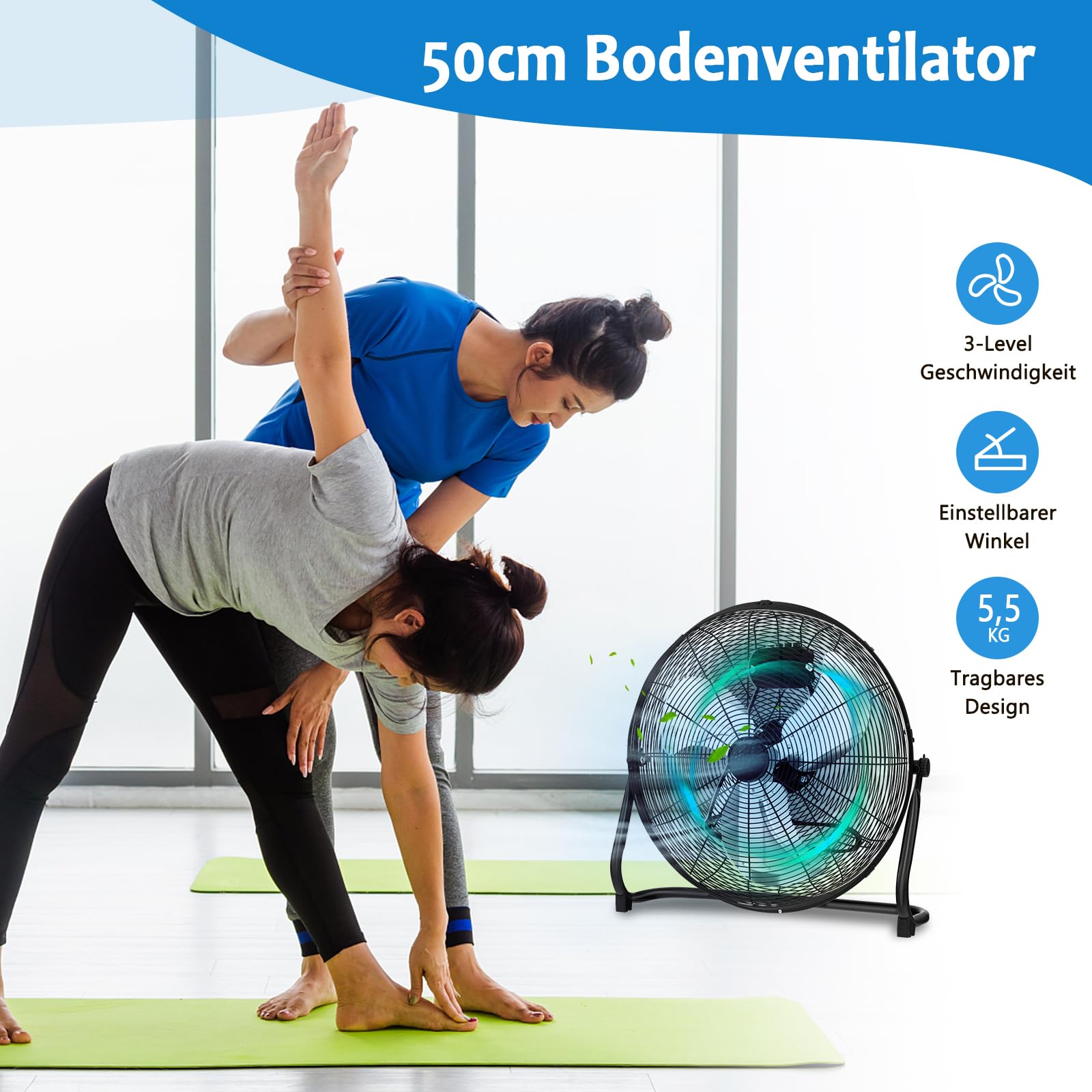 GOPLUS Bodenventilator, Ø 50 cm Standventilator mit 3 Geschwindigkeitsstufen & Handgriff, 145° verstellbarer Ventilatorkopf, hoher Luftdurchsatz, Windmaschine Ventilator für Lager, Werkstatt, Garage