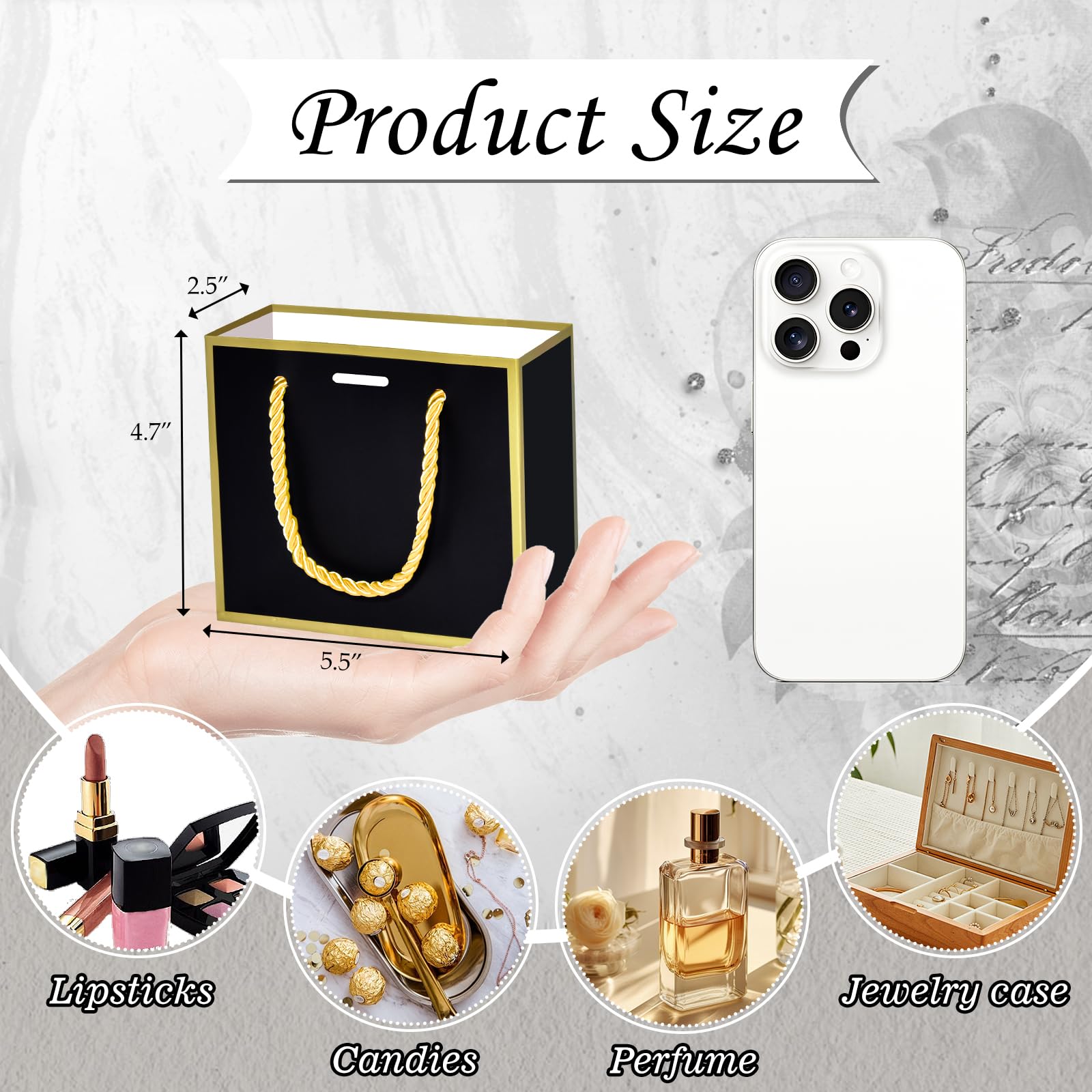 EQOREIIN 50 bolsas de regalo pequeñas con cinta, mini bolsas de papel metálicas con asas, 5.5 x 2.5 x 4.7 pulgadas, bolsas de regalo de agradecimiento a granel para recuerdos de fiesta, día de la
