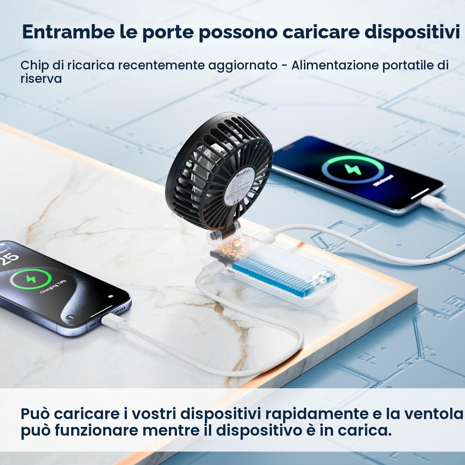 HandFan 5200mAh Mini Ventilatore Portatile con Power Bank, Ventilatore Personale Ricaricabile USB, Potente Ventilatore Piccolo, Ventilatore a Batteria, per Viaggi Concerti Disney Nero