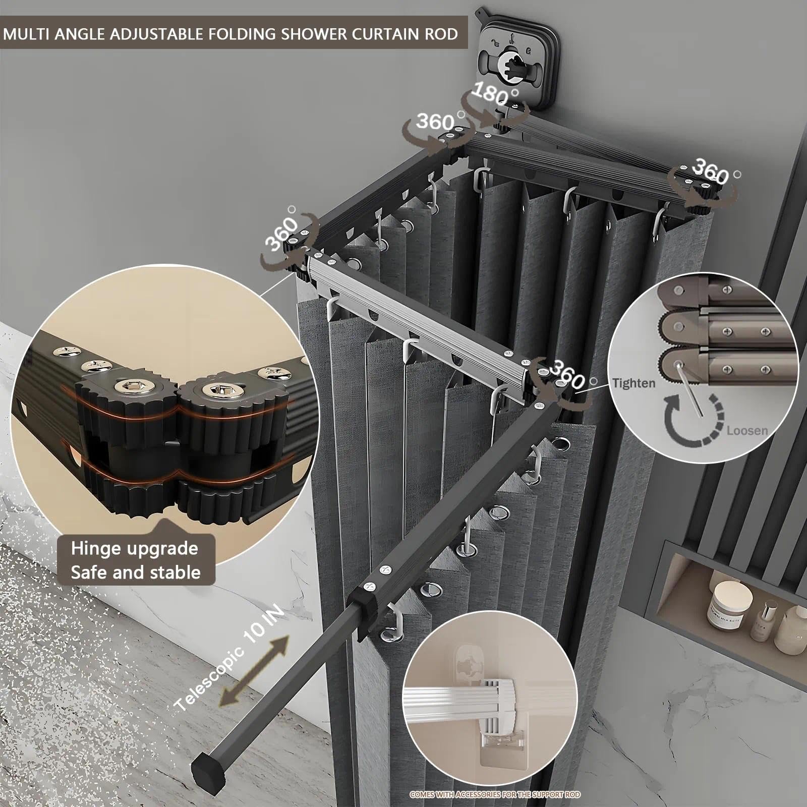 Cinq Directions Barre de Douche Pliable avec Rideau - Tringle de Douche en Aluminium à 5 Sections, Ventouses Incluses - Idéale pour Salle de Bain, Chambre, Balcon et Angle de Baignoire