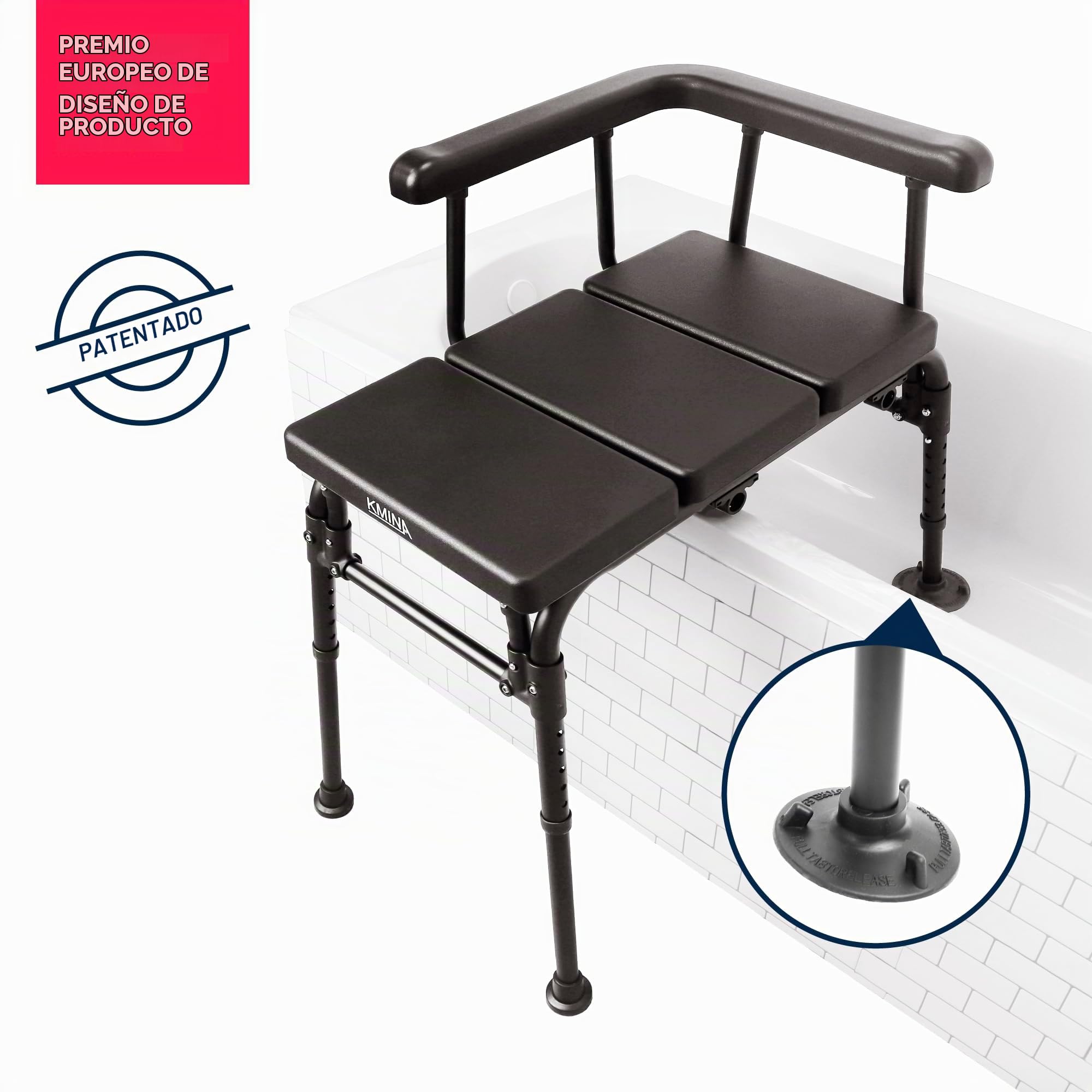 KMINA Silla Bañera Personas Mayores, Banco Transferencia Baño Adulto | Asiento antideslizante con asa acolchada intercambiable de lado, estructura de aluminio, altura regulable