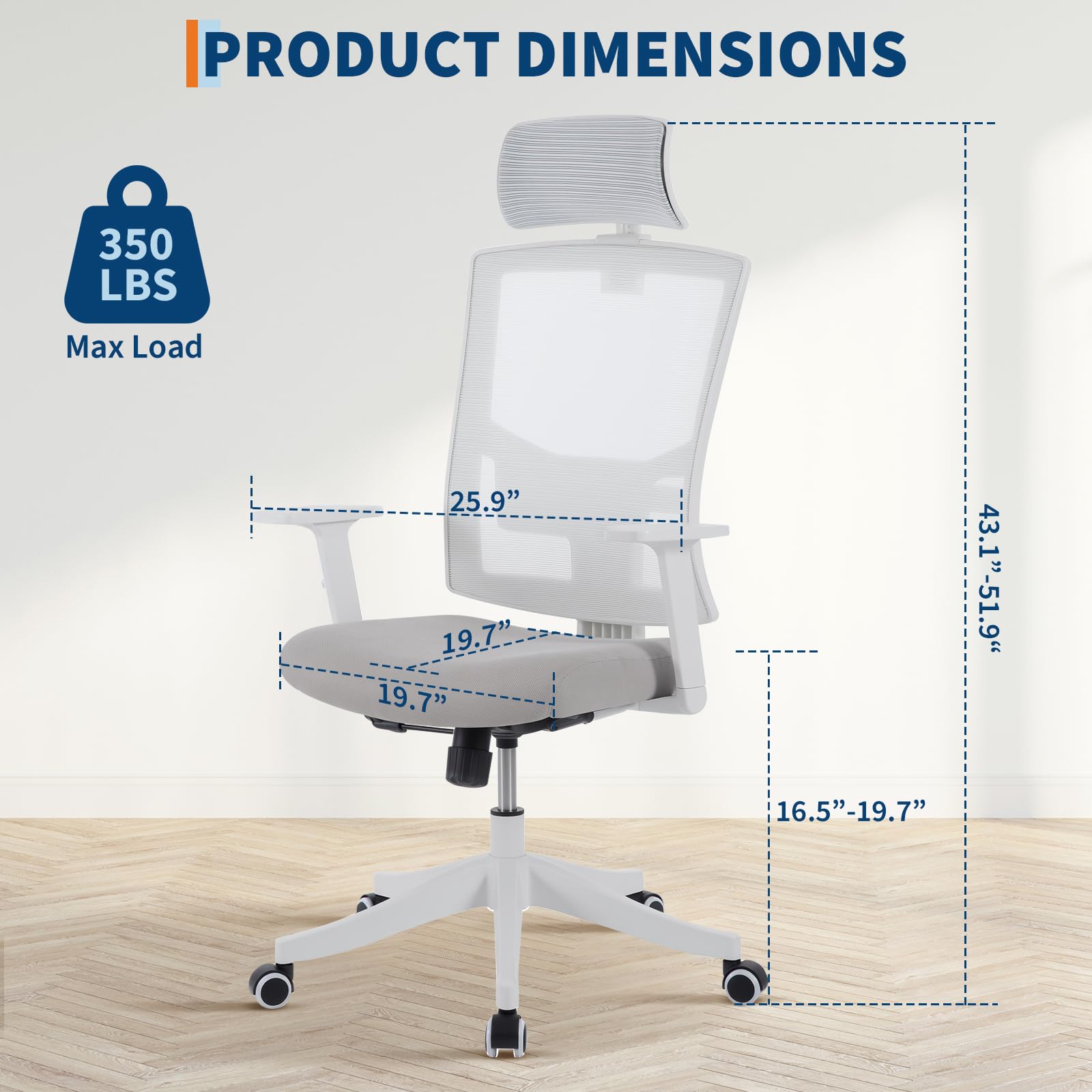 Silla de Oficina ergonómica de Respaldo Alto – Malla Transpirable – Reposacabezas y Soporte Lumbar Ajustables – Brazos abatibles – Respaldo reclinable y Base giratoria – Marco Blanco/Malla Gris
