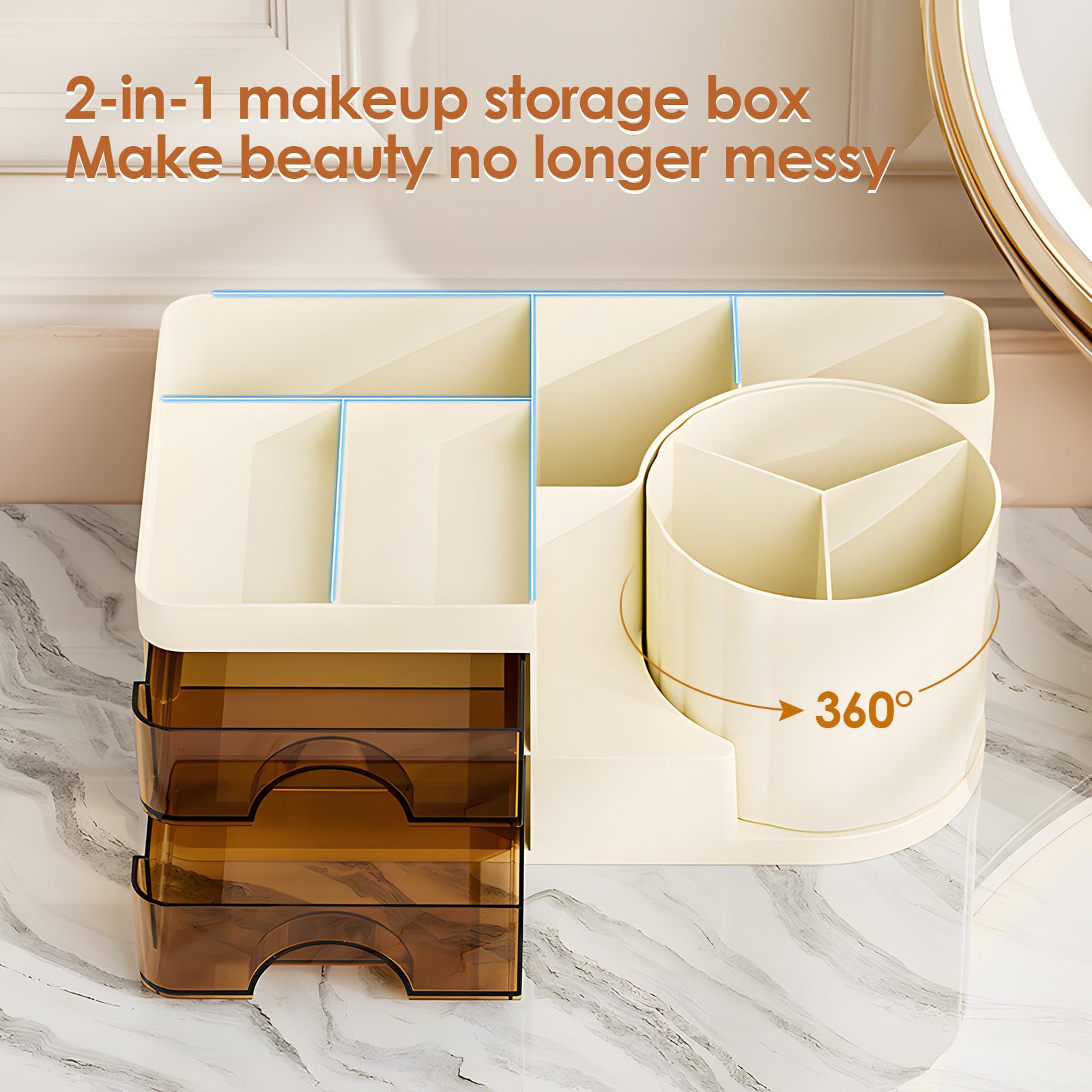 Farnirvana Organizzatore di Trucco, Organizzatore di pennelli rotante a 360°, Compartimento Rotante 2 in 1 Organizzatore Trucchi, per Bagno, camera da letto, scrivania